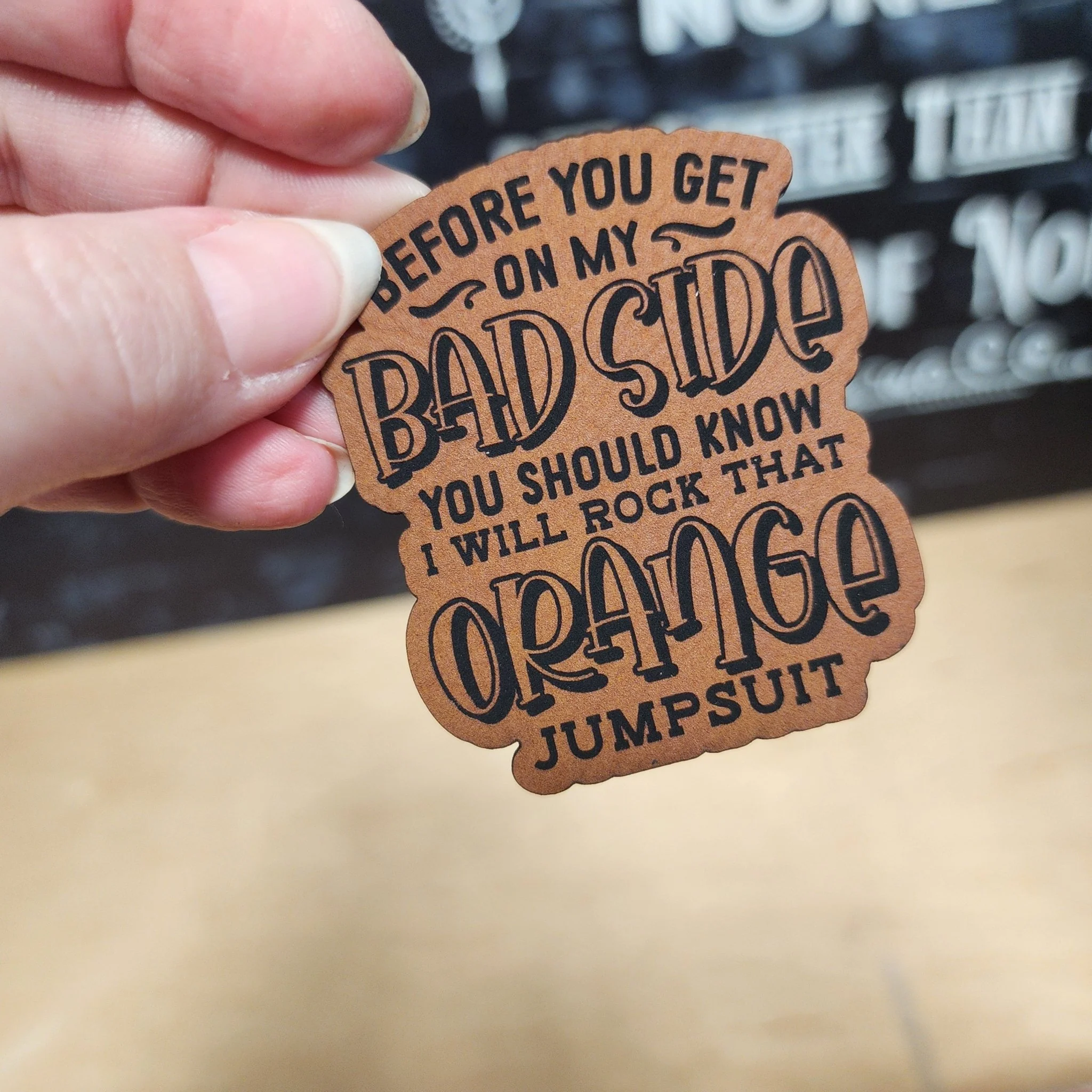 Orange Jumpsuit Warning (Rawhide) Engraved Leatherette Hat Patch - MR01
