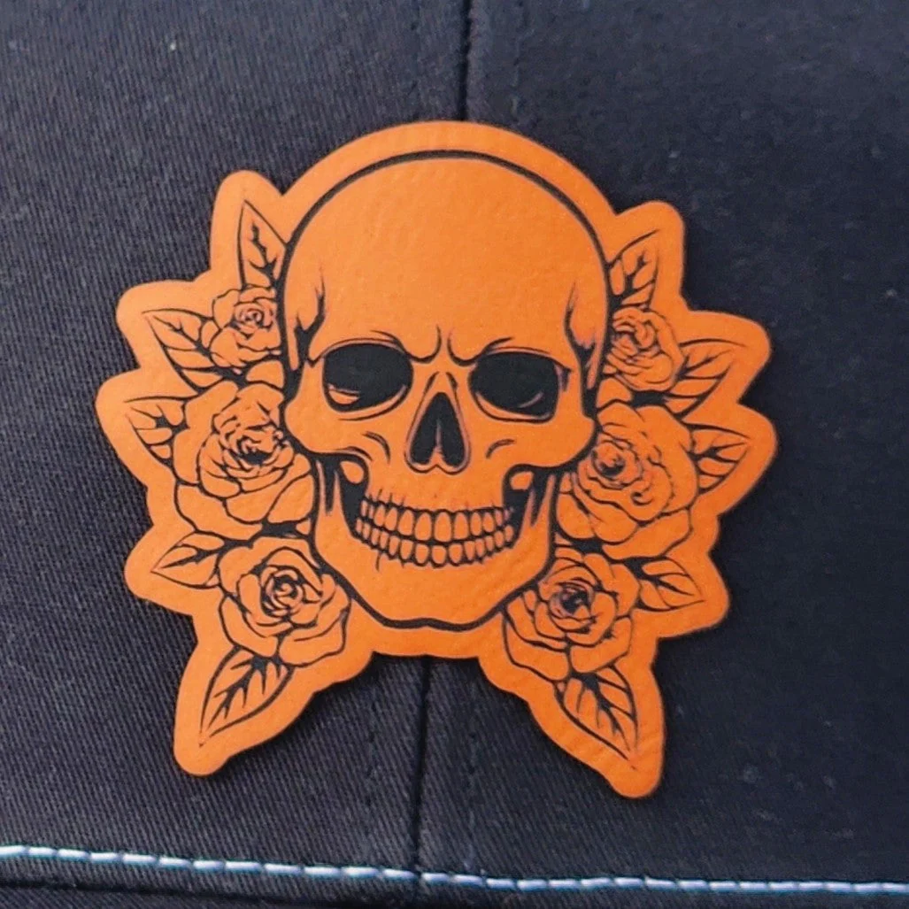 Orange Skull Surrounded by Roses Engraved Leatherette Hat Patch - MR01 - Image 2