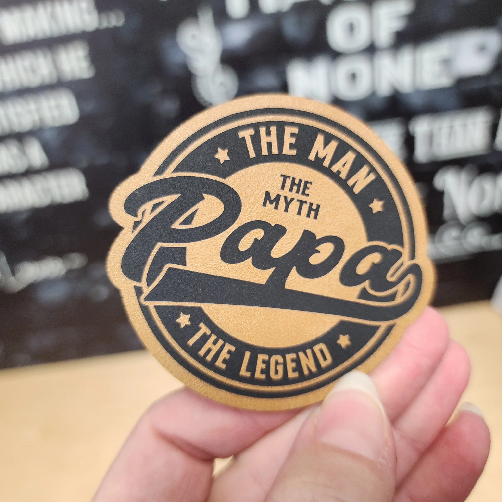 Papa: The Man, The Myth (Saddle Tan) Engraved Leatherette Hat Patch - MR01