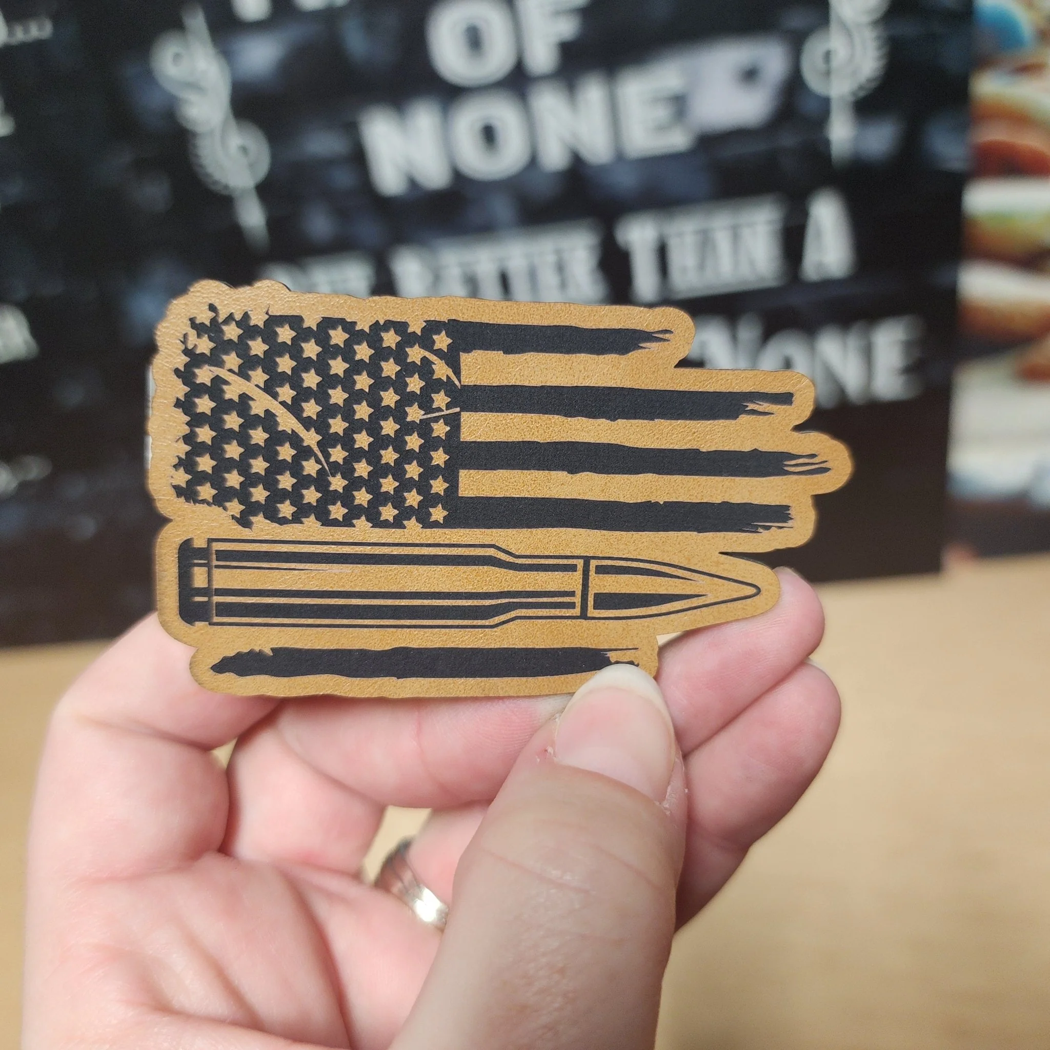 Patriotic Bullet and Flag (Saddle Tan) Engraved Leatherette Hat Patch - MR01