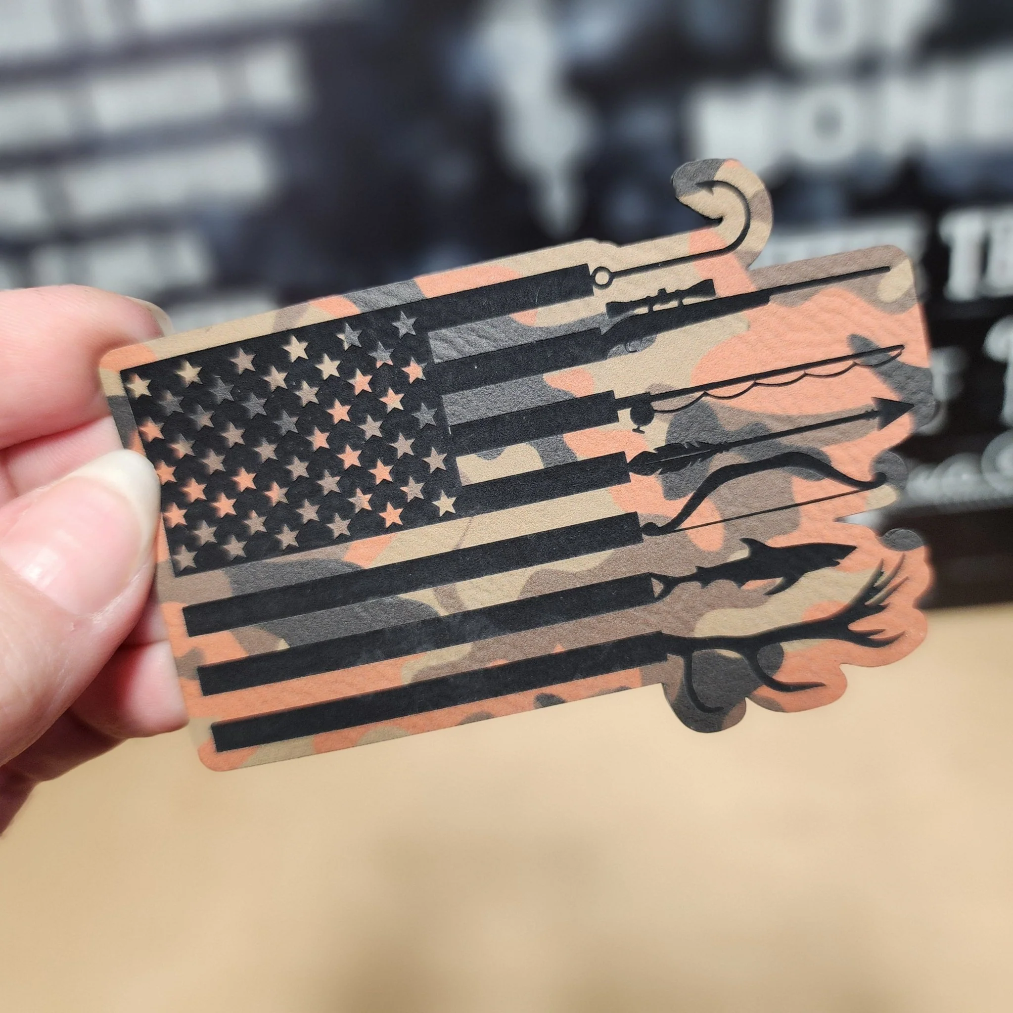 Patriotic Camo Fishing Engraved Leatherette Hat Patch - MR01