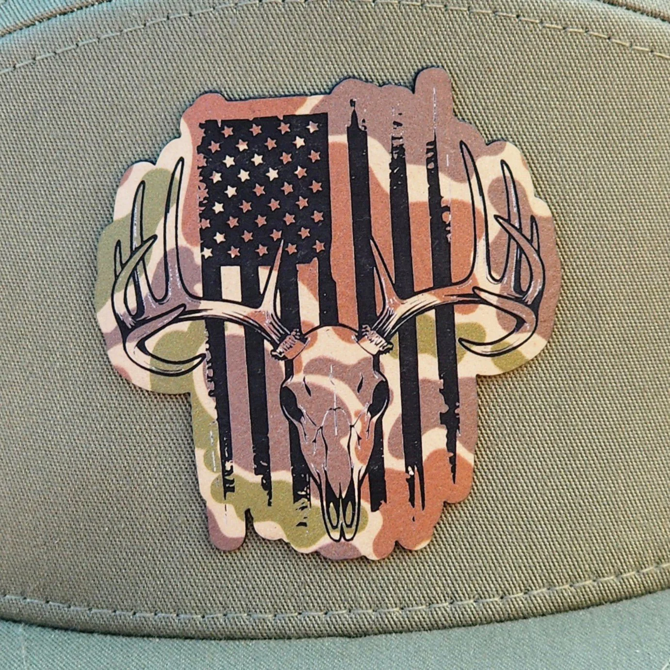Patriotic Deer Skull (Fowl Play) Engraved Leatherette Hat Patch - MR01