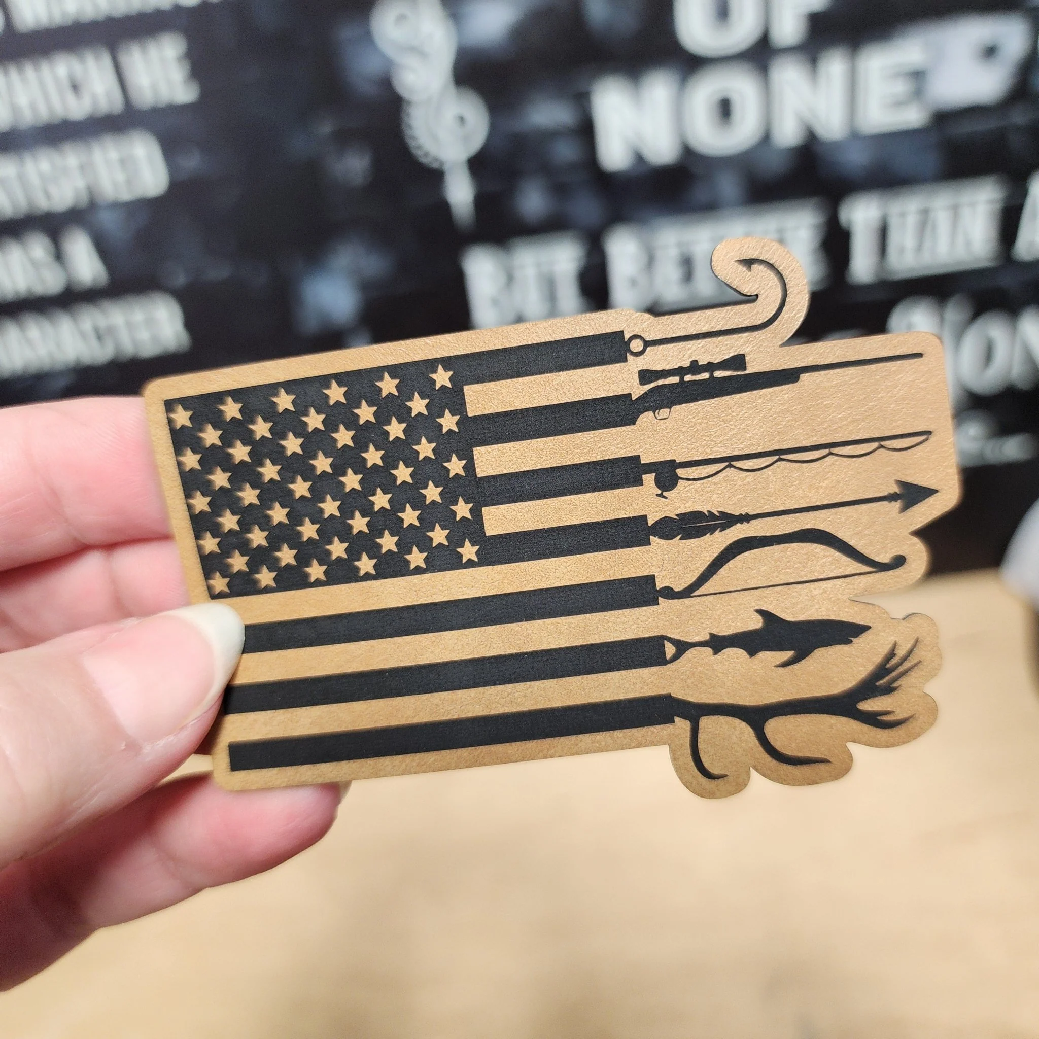 Patriotic Fishing Flag (Saddle Tan) Engraved Leatherette Hat Patch - MR01