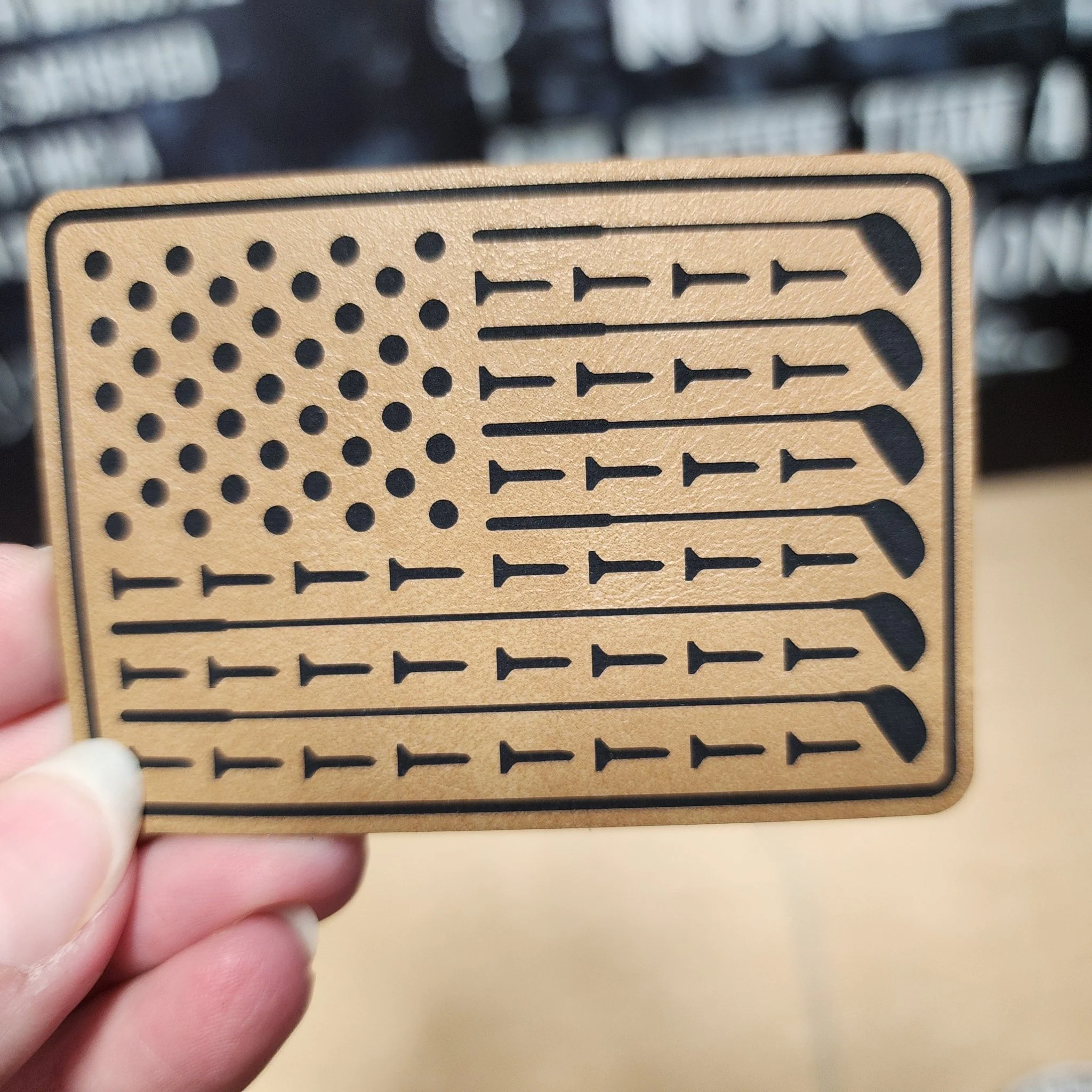 Patriotic Golf Flag (Saddle Tan) Engraved Leatherette Hat Patch - MR01