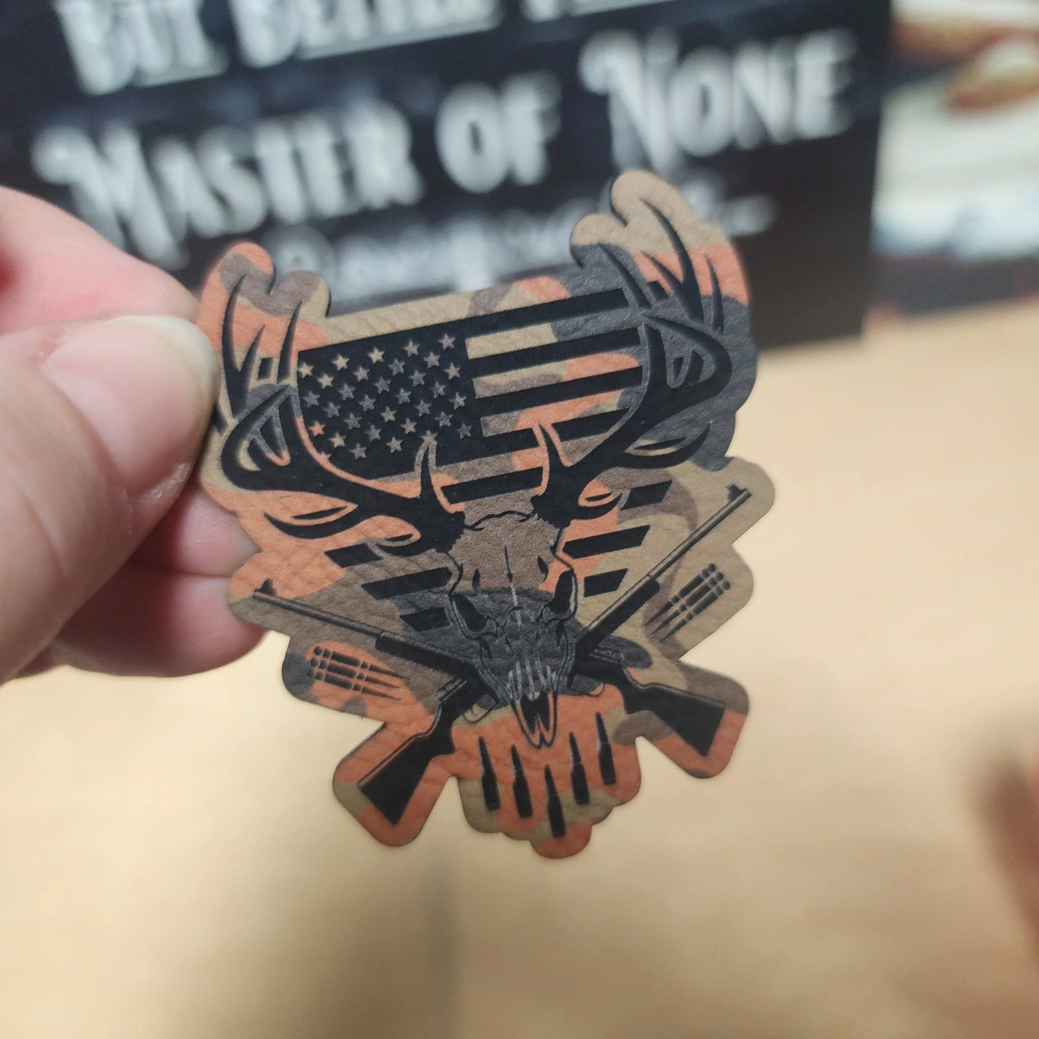 Patriotic Hunter's Skull Engraved Leatherette Hat Patch - MR01