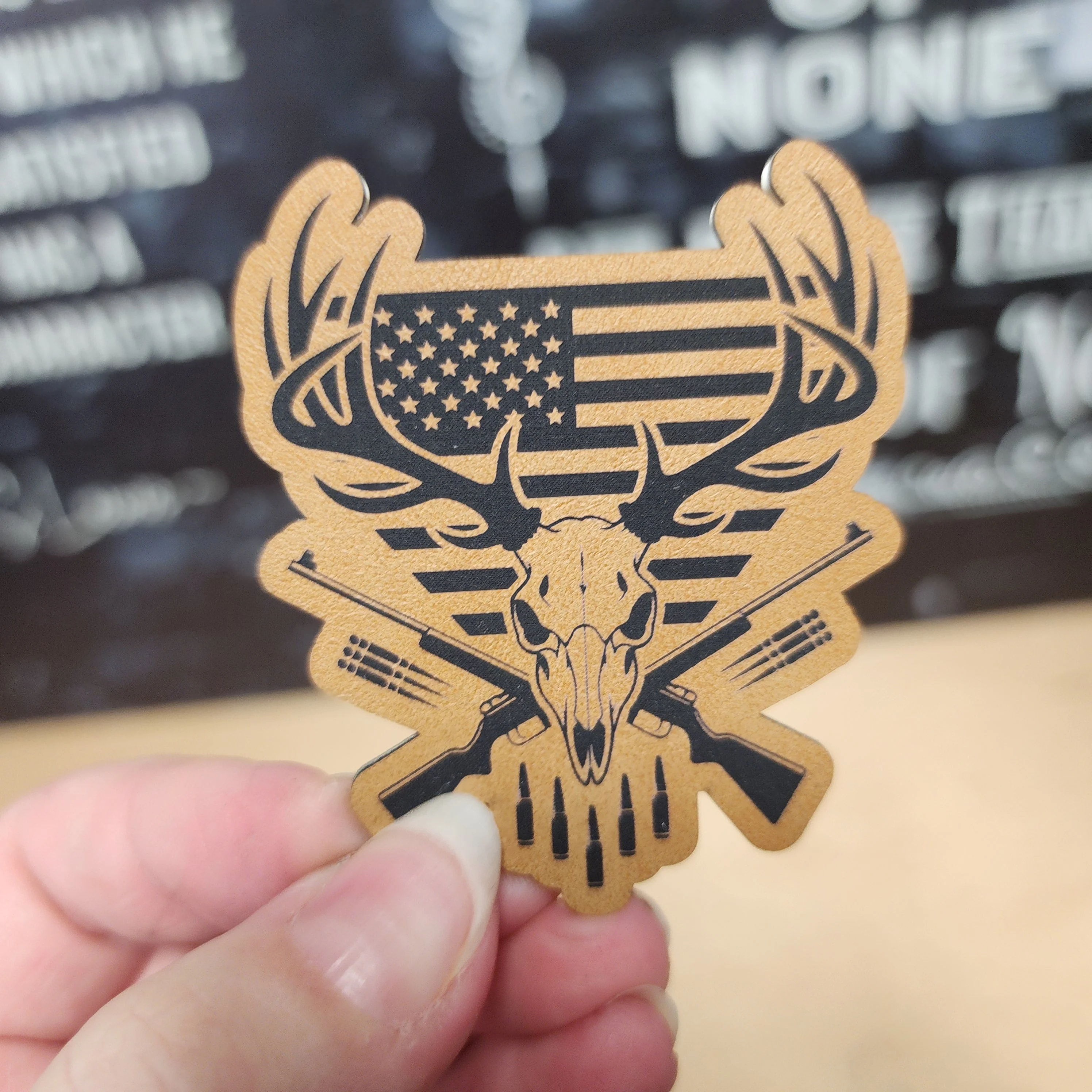 Patriotic Hunter's Skull Engraved Leatherette Hat Patch - MR01 - Image 2