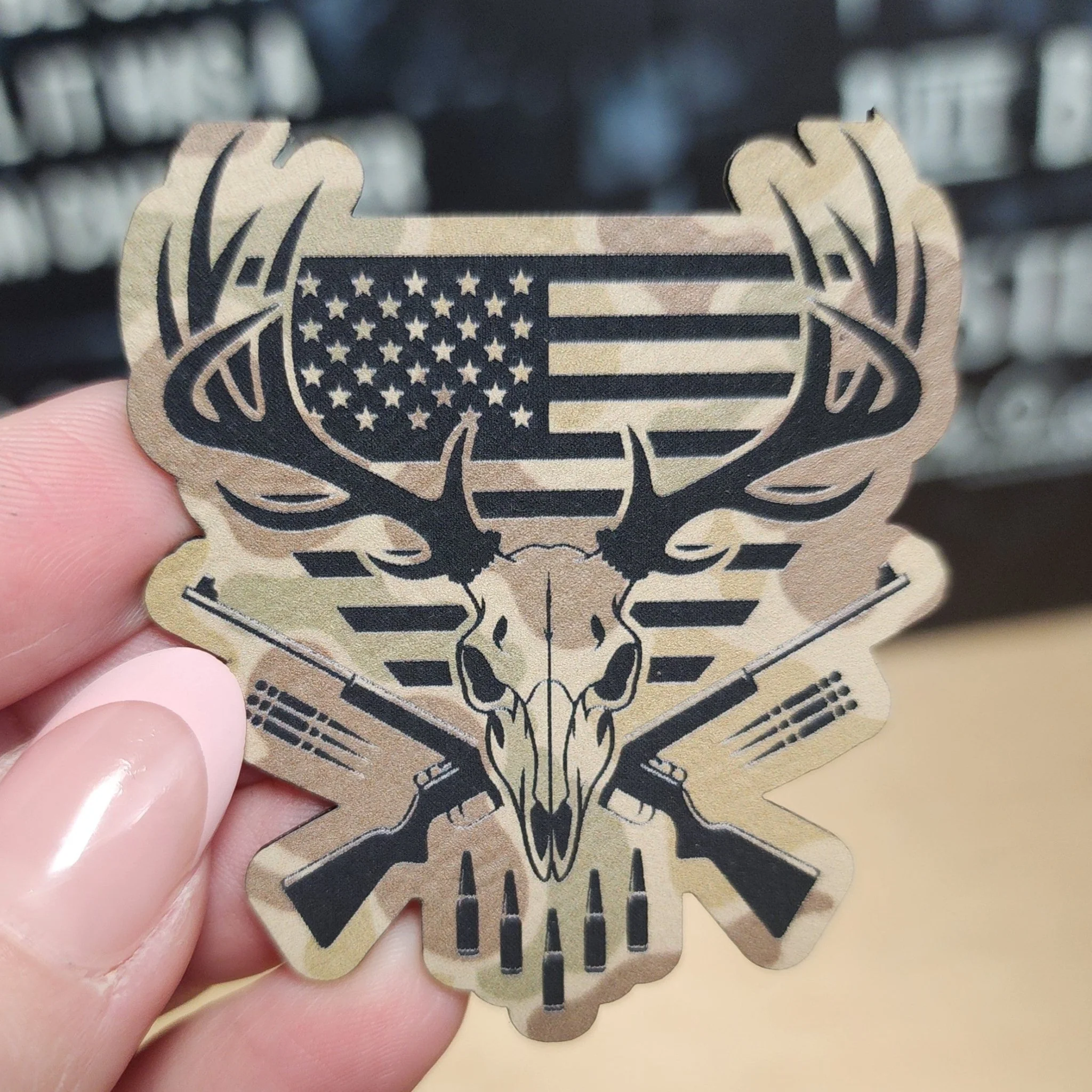 Patriotic Hunter's Skull Engraved Leatherette Hat Patch - MR01 - Image 5