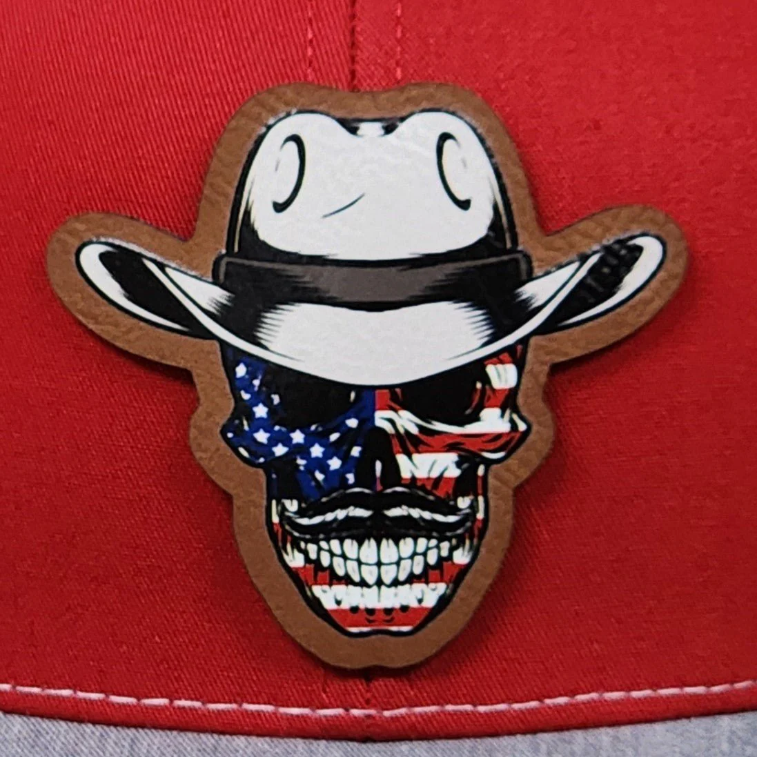Patriotic Skull Cowboy Design UV Printed Leatherette Hat Patch - MR01