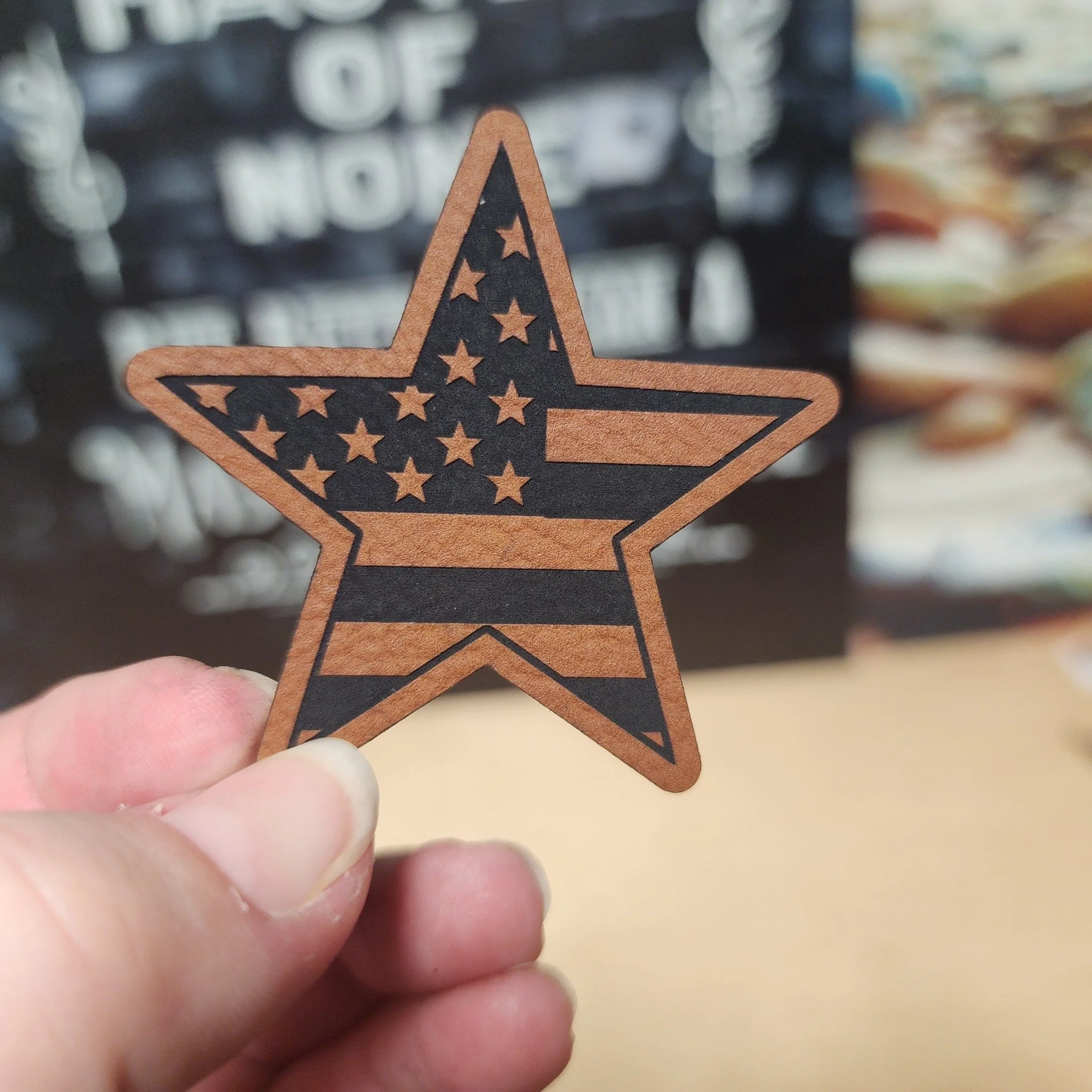 Patriotic Star with Flag (Rawhide) Engraved Leatherette Hat Patch - MR01