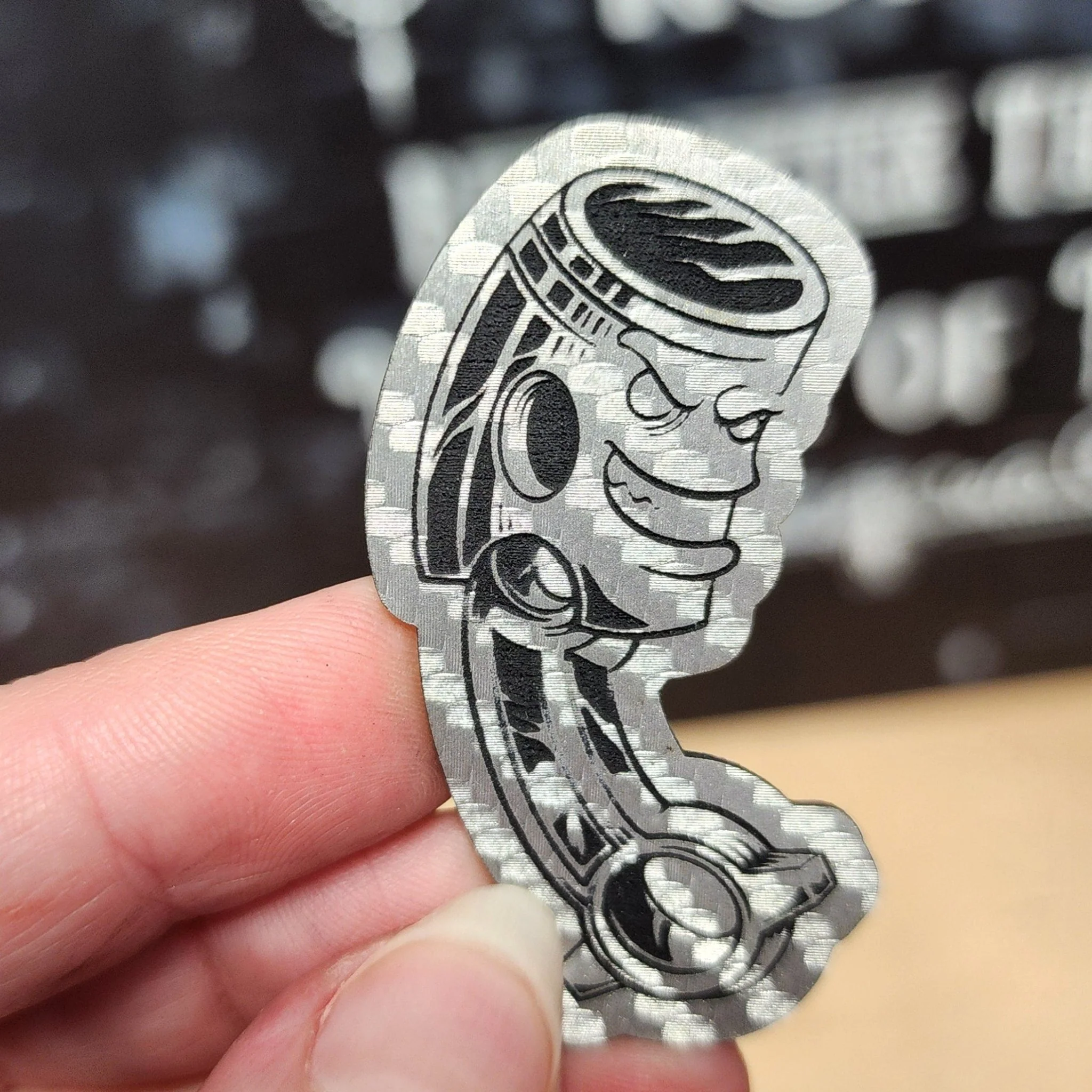 Piston Character Car Engraved Leatherette Hat Patch - MR01