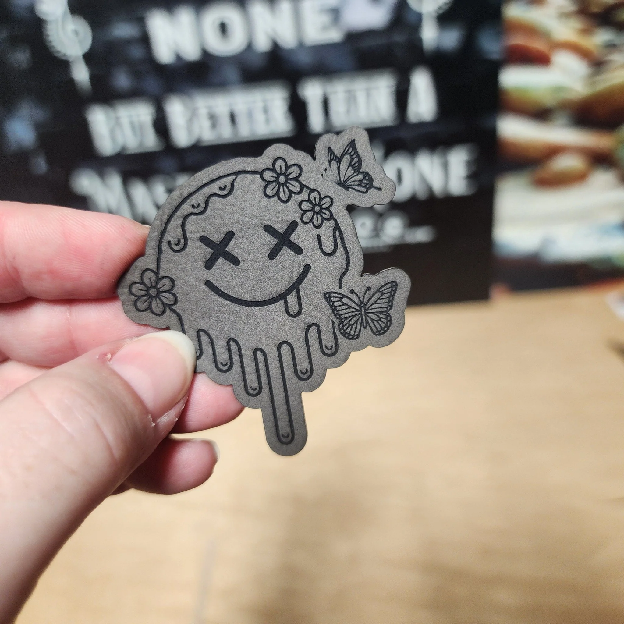 Punk Smiley Face (Grey) Engraved Leatherette Hat Patch - MR01