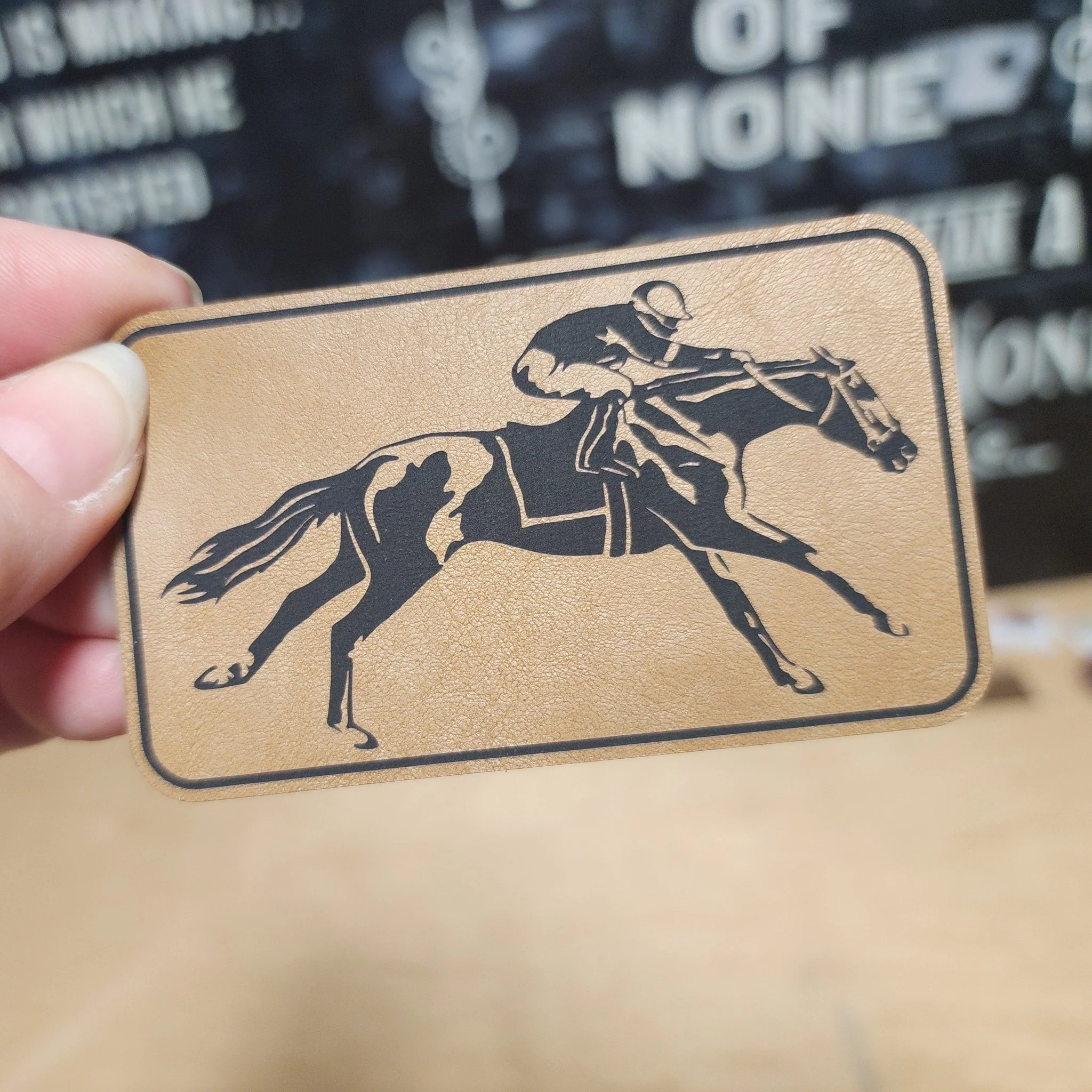 Racehorse in Full Gallop (Saddle Tan) Engraved Leatherette Hat Patch - MR01