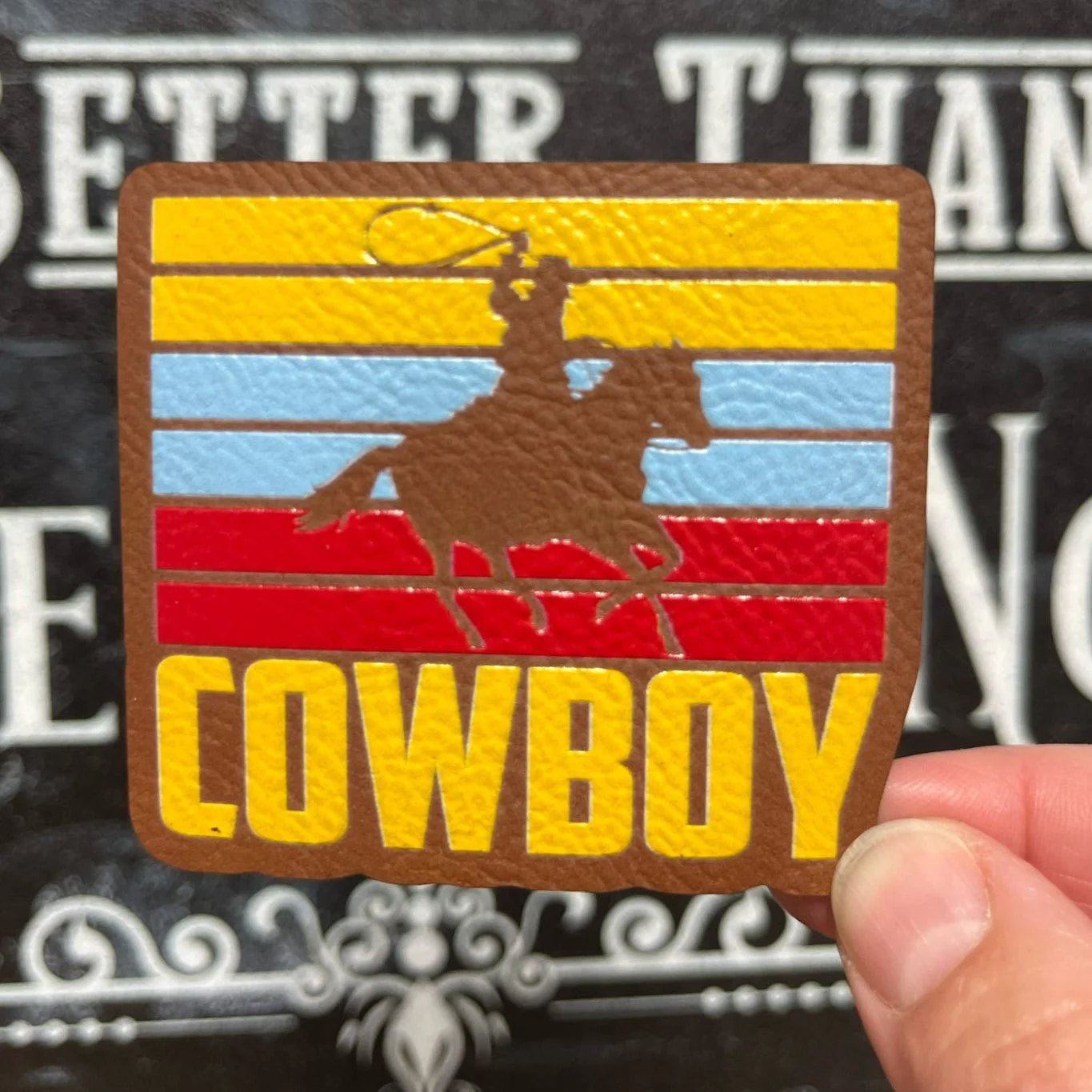 Retro Cowboy Riding Hat Patch UV Printed Leatherette Hat Patch - MR01