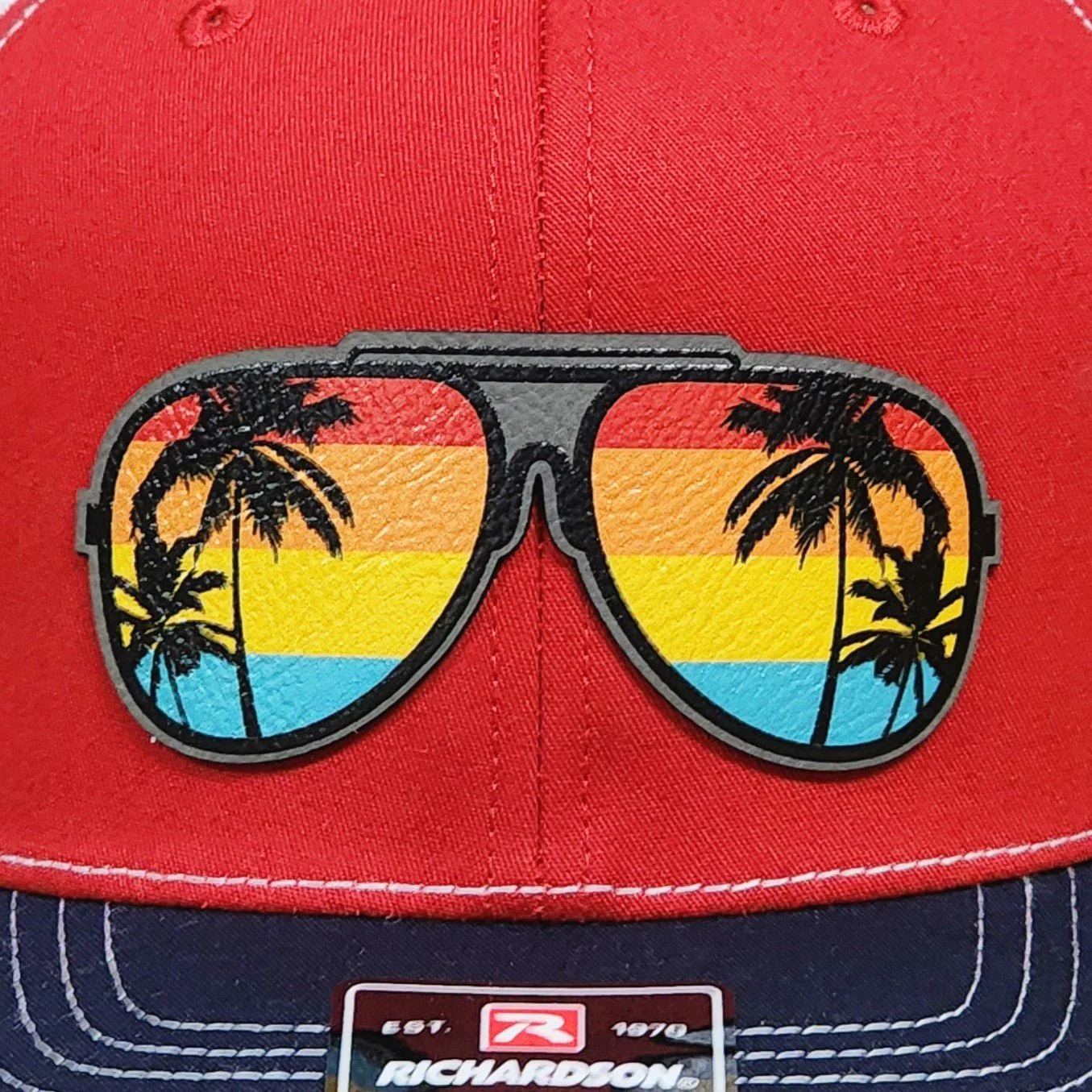 Retro Sunglasses with Palms UV Printed Leatherette Hat Patch - MR01