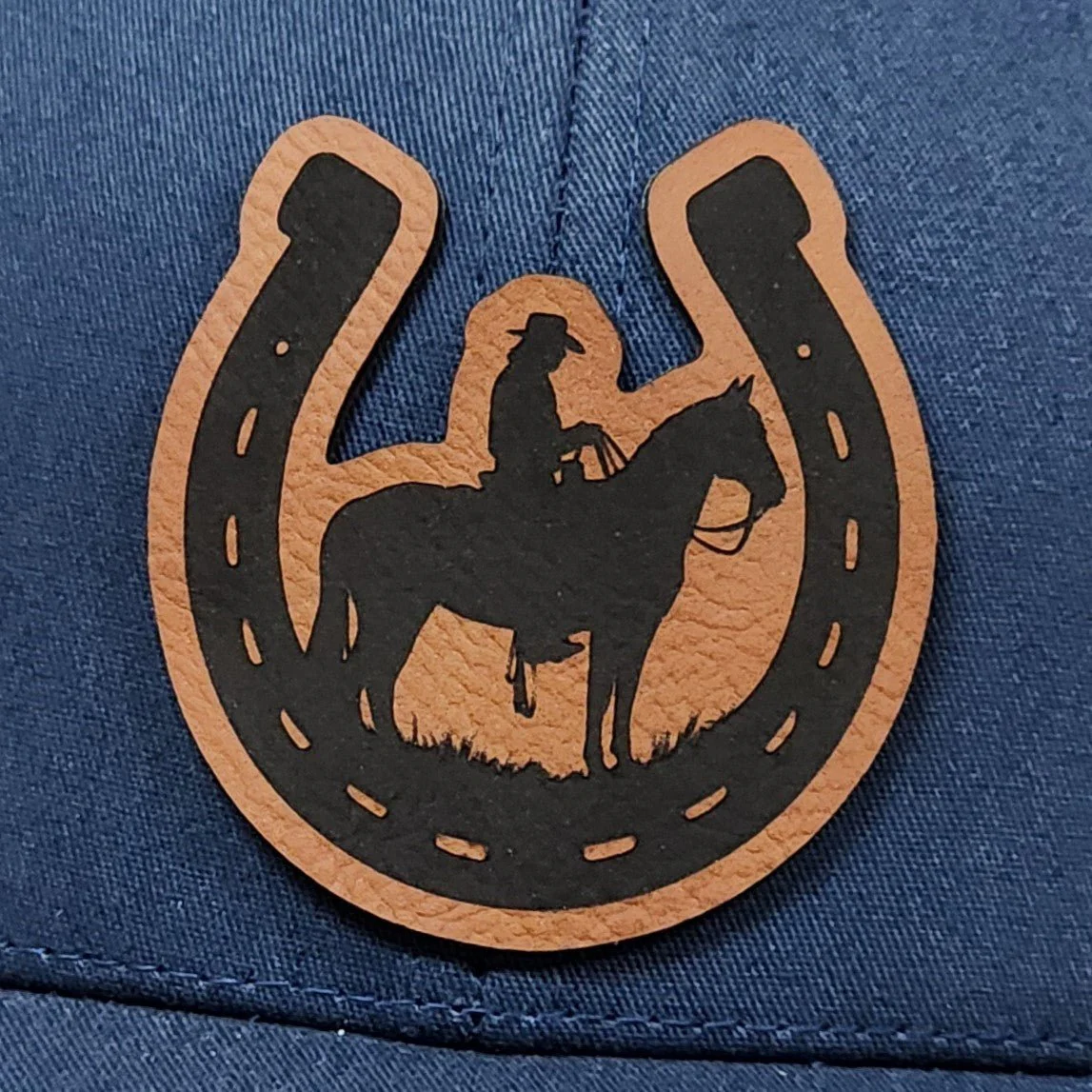 Rider on Horse in Horseshoe Engraved Leatherette Hat Patch - MR01