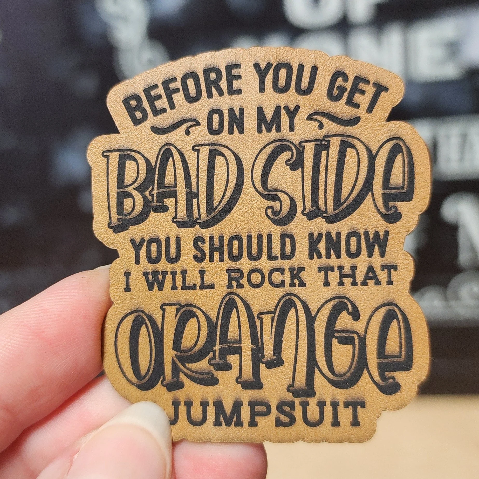 Rocking the Orange Jumpsuit (Grey) Engraved Leatherette Hat Patch - MR01 - Image 2