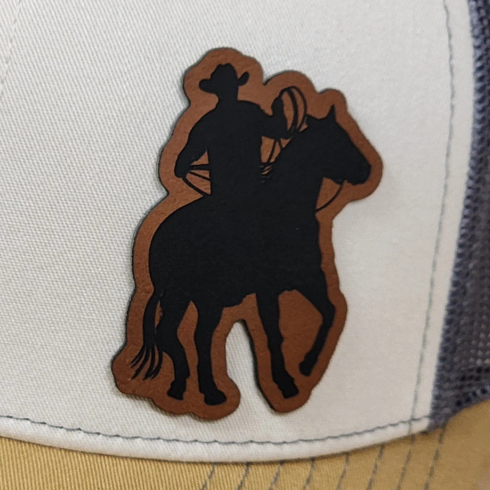Rodeo Cowboy on Horse Engraved Leatherette Hat Patch - MR01