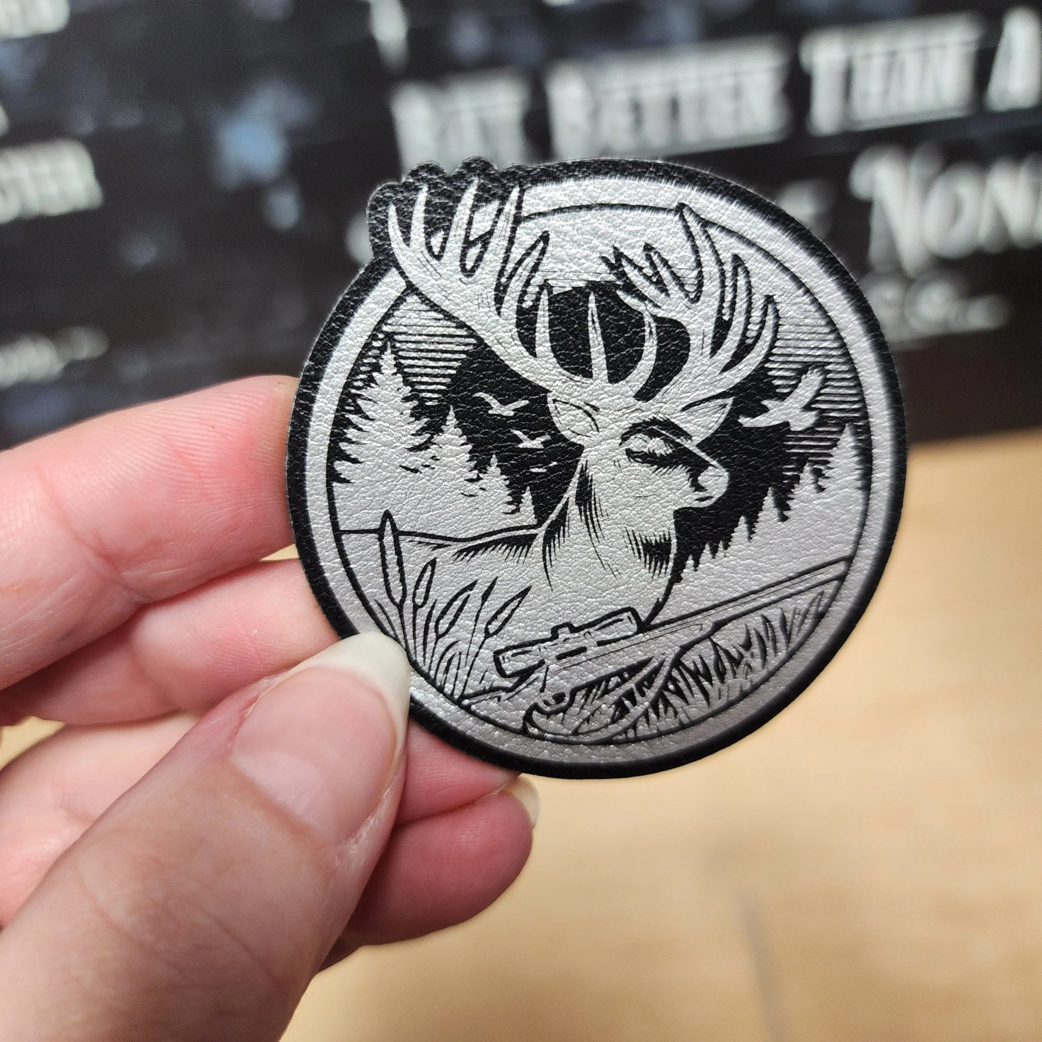 Rustic Deer Hunting Black Silver Engraved Leatherette Hat Patch - MR01