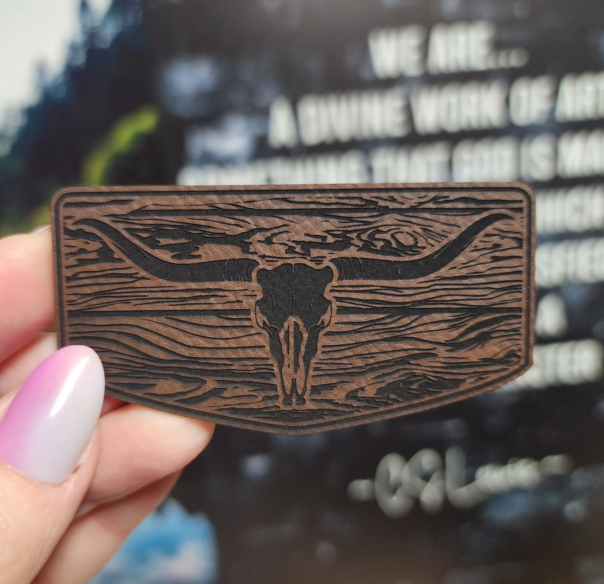 Rustic Longhorn Skull Engraved Leatherette Hat Patch - MR01