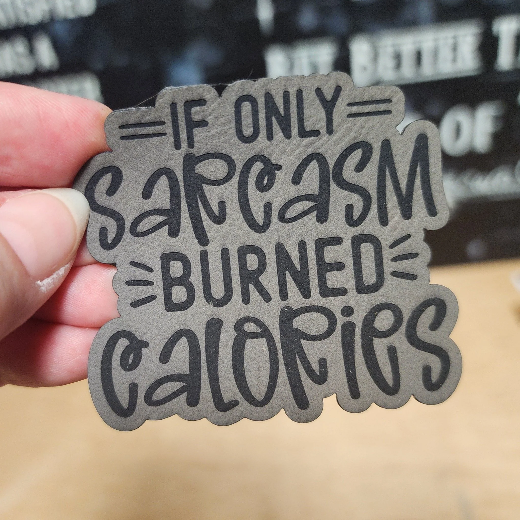 Sarcasm Burned Calories Engraved Leatherette Hat Patch - MR01 - Image 2