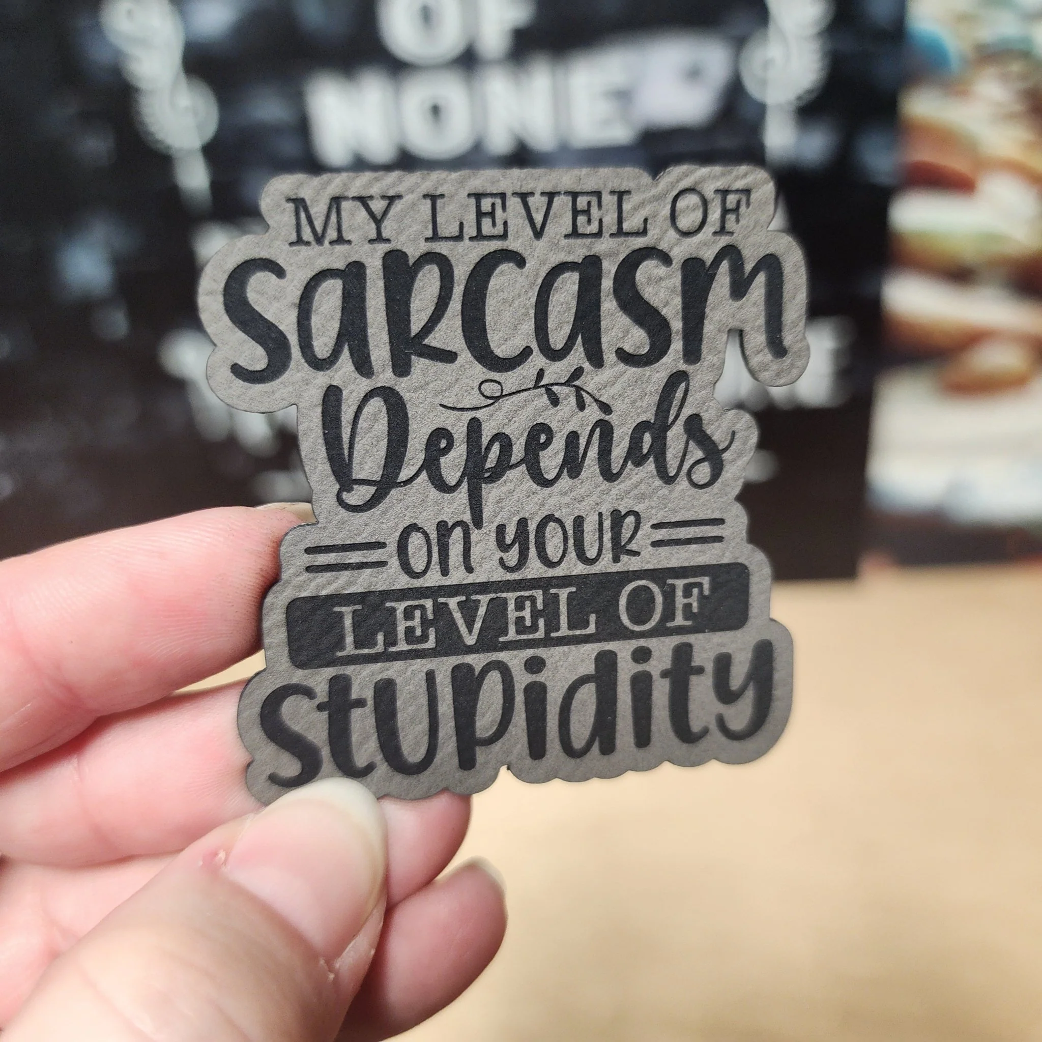 Sarcasm Level (Grey) Engraved Leatherette Hat Patch - MR01