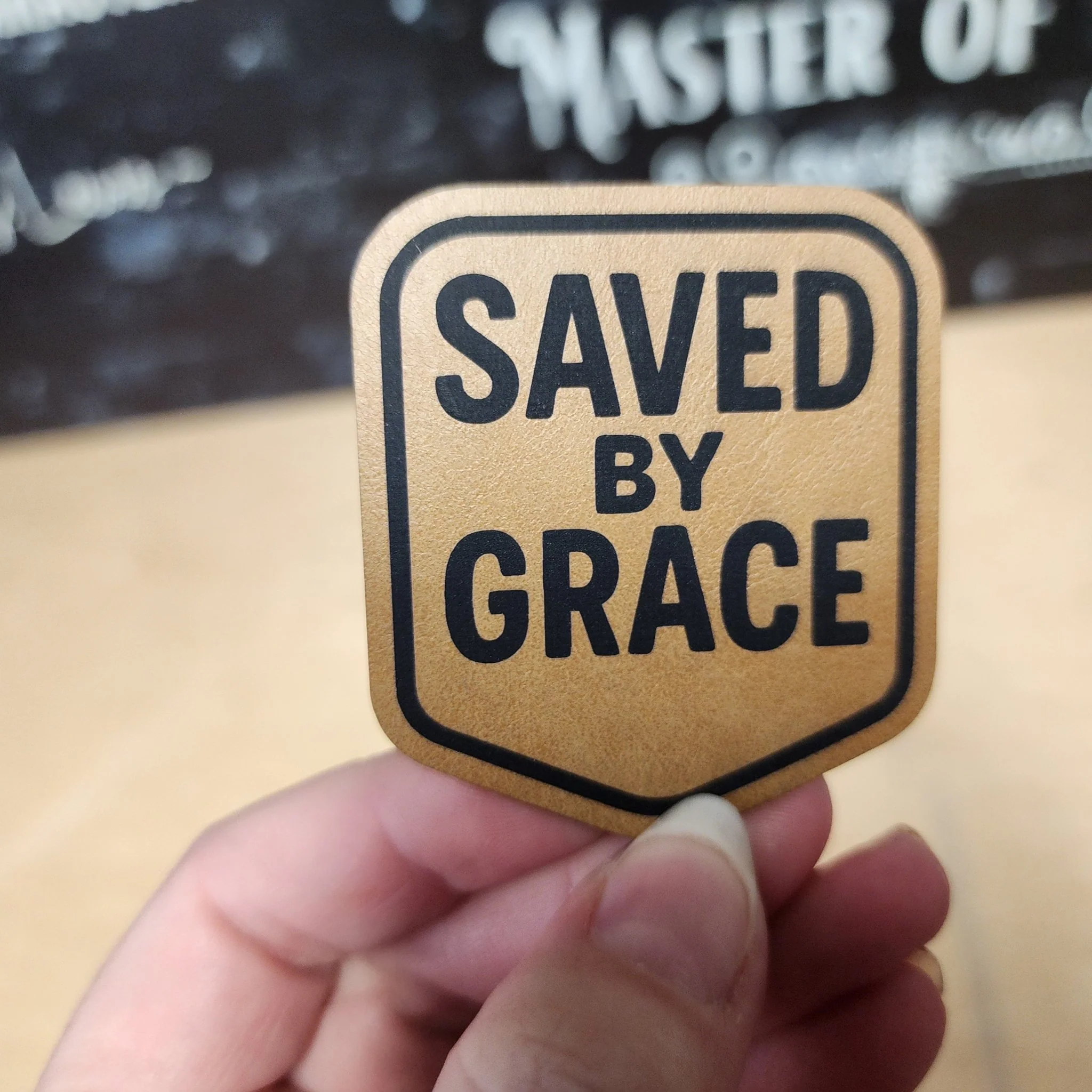 Saved by Grace (Saddle Tan) Engraved Leatherette Hat Patch - MR01