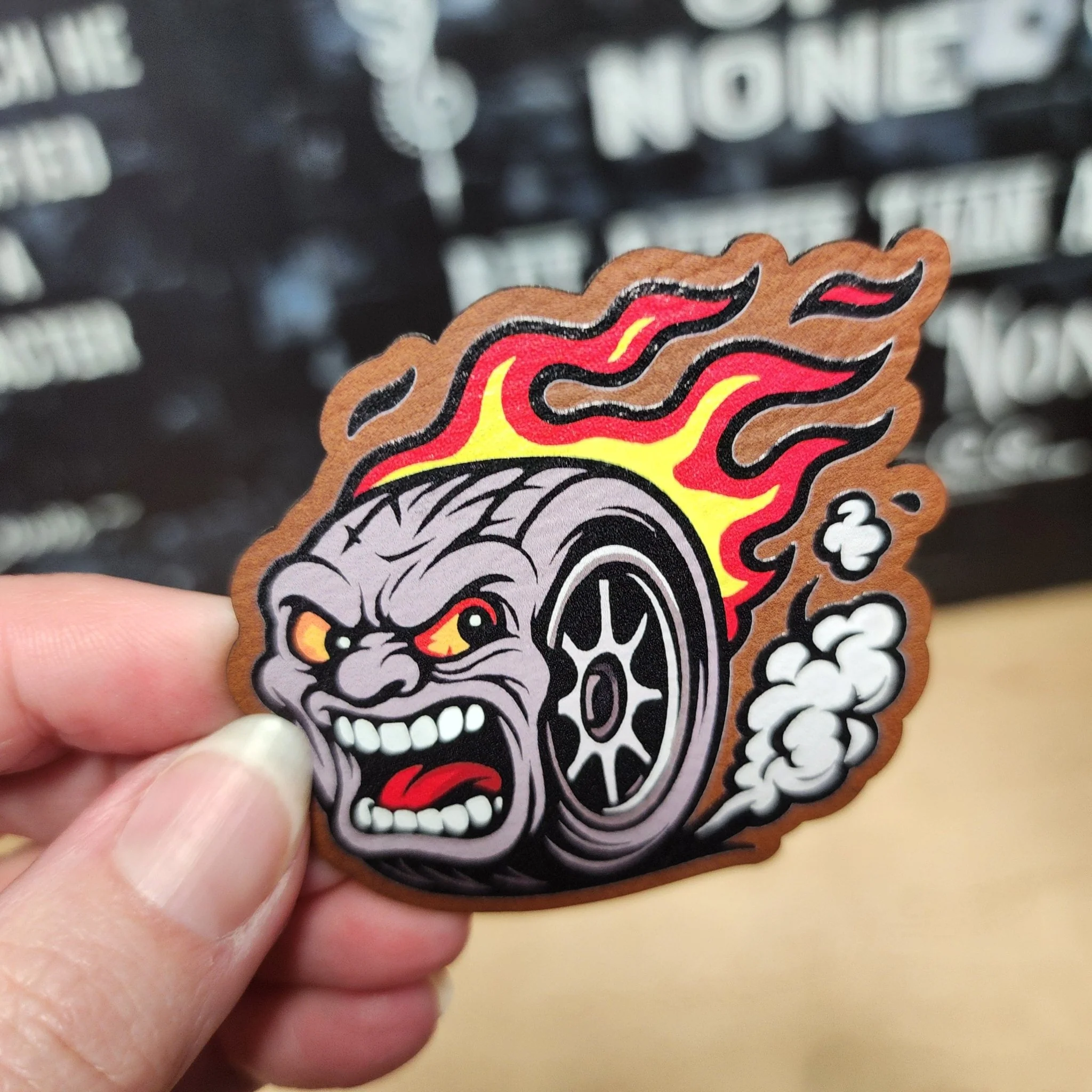 Screaming Tire with Flames UV Printed Leatherette Hat Patch - MR01