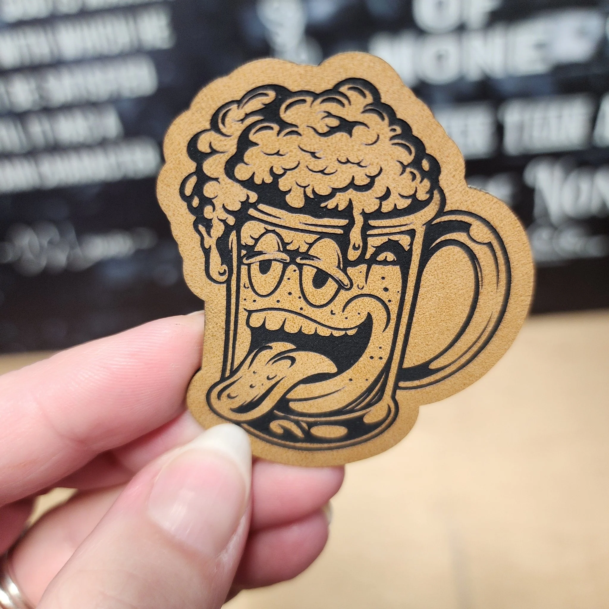 Silly Beer Mug (Saddle Tan) Engraved Leatherette Hat Patch - MR01
