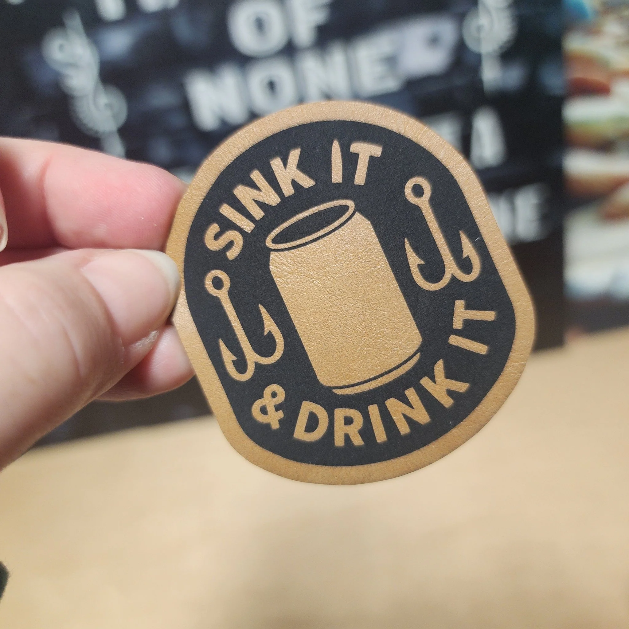 Sink Drink Fishing (Saddle Tan) Engraved Leatherette Hat Patch - MR01