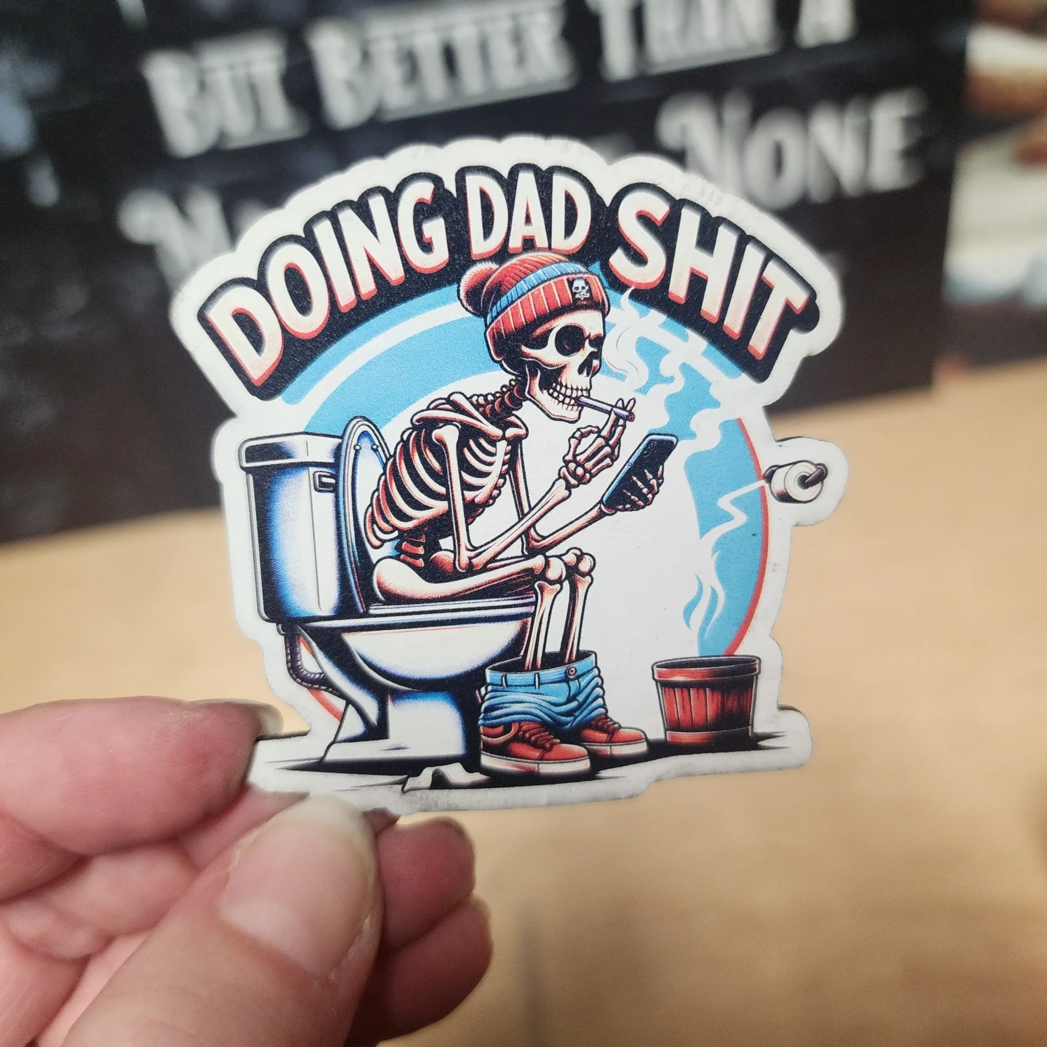 Skeleton Dadding on the Toilet UV Printed Leatherette Hat Patch - MR01