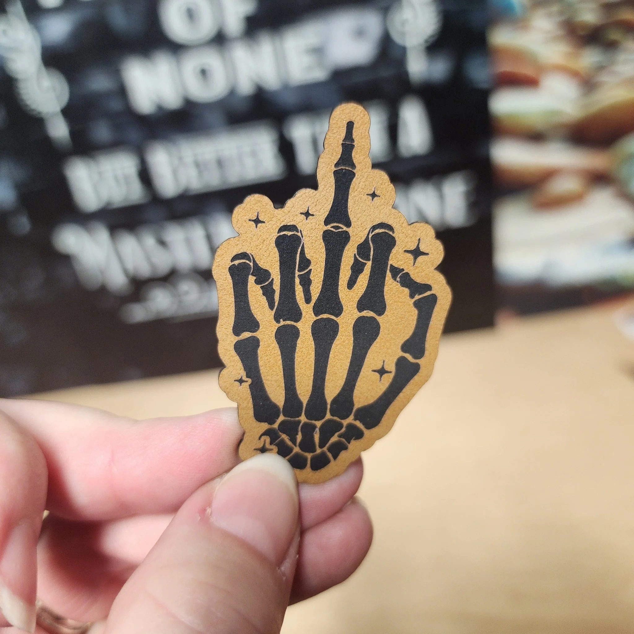 Skeleton Hand Gesture (Saddle Tan) Engraved Leatherette Hat Patch - MR01