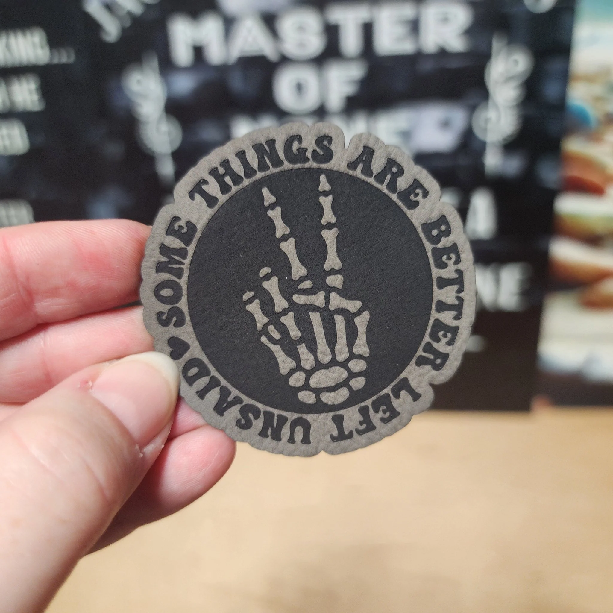 Skeleton Hand Leave It Be (Grey) Engraved Leatherette Hat Patch - MR01