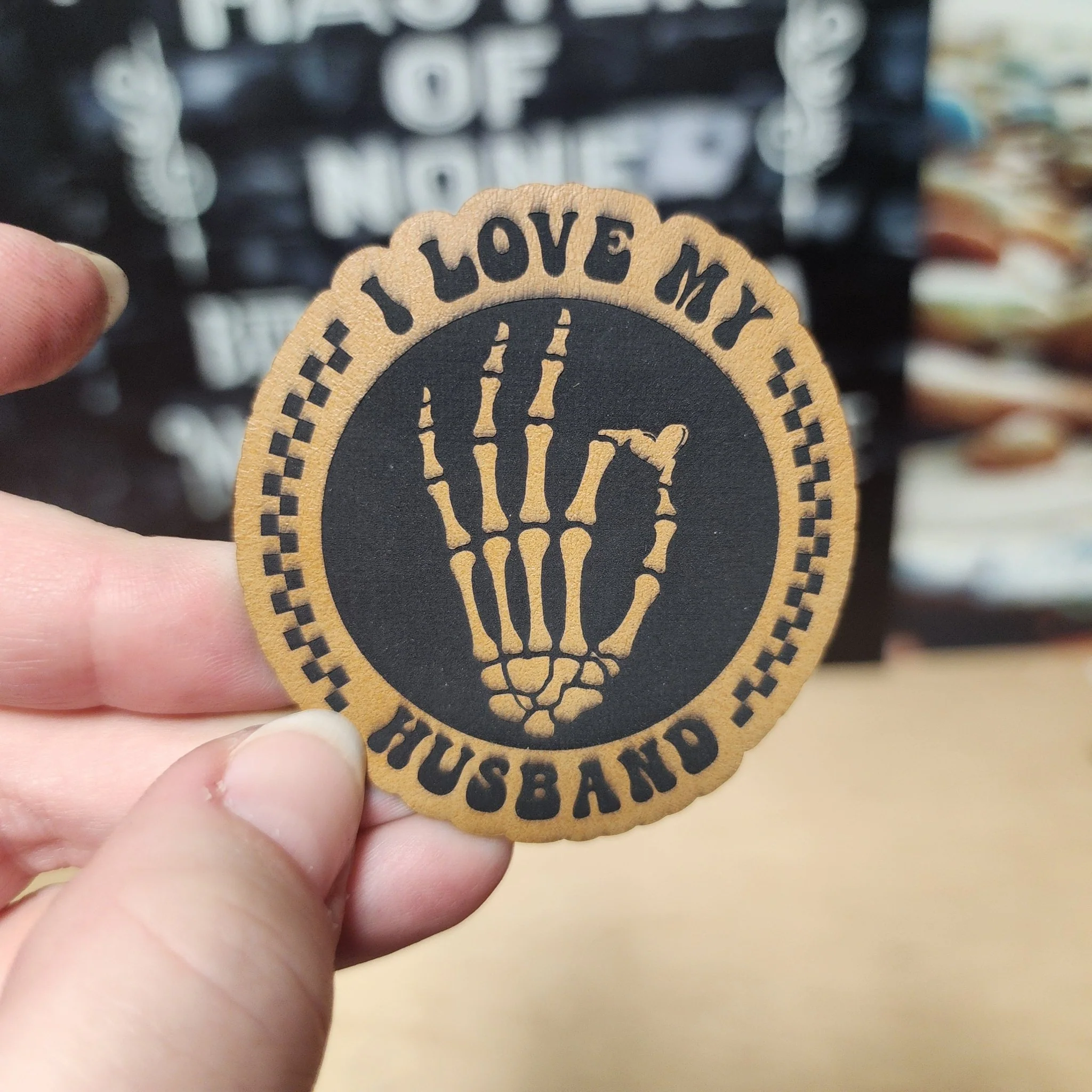 Skeleton Hand Love Husband (Saddle Tan) Engraved Leatherette Hat Patch - MR01