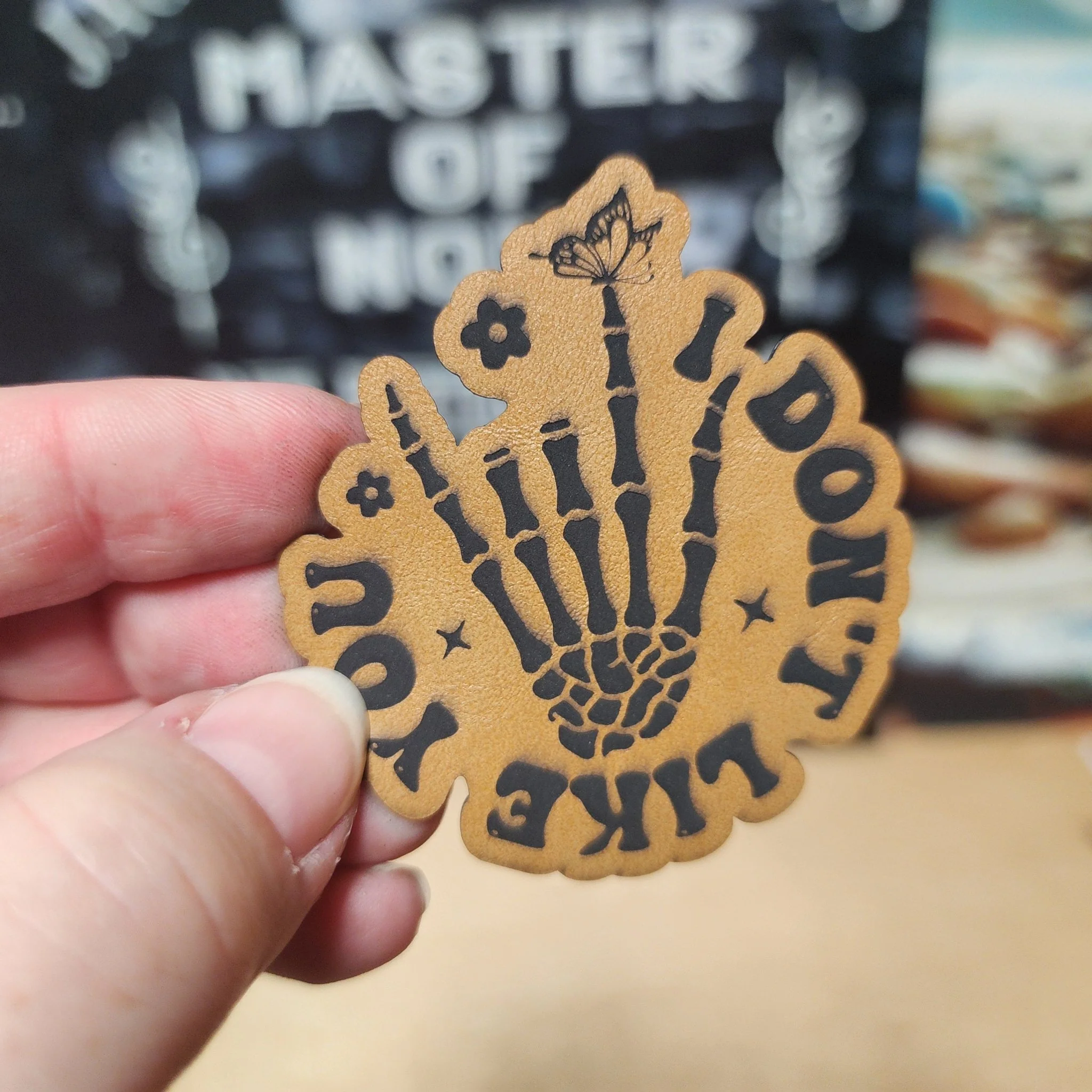 Skeleton Hand, Not Likable (Saddle Tan) Engraved Leatherette Hat Patch - MR01