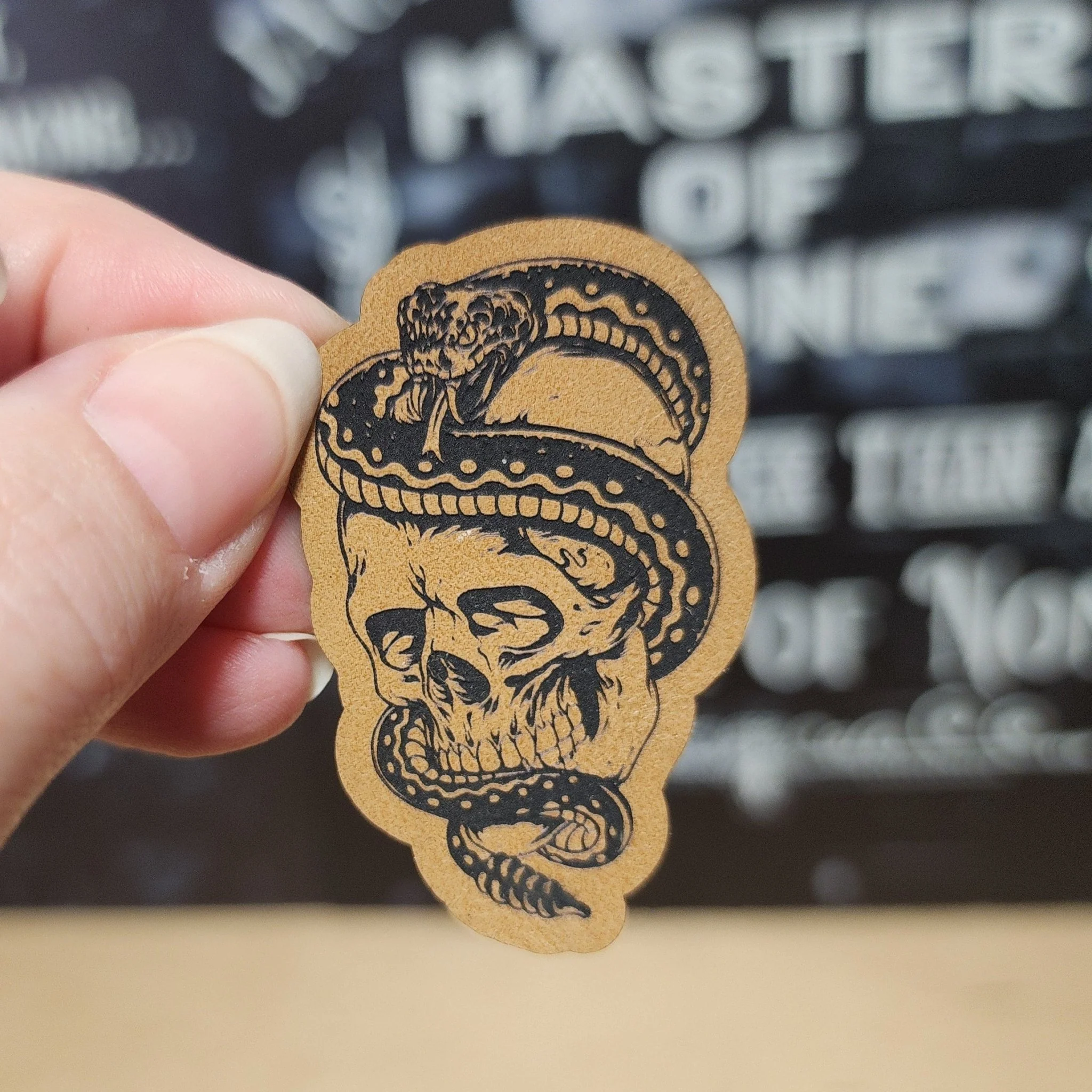 Skull and Snake (Saddle Tan) Engraved Leatherette Hat Patch - MR01