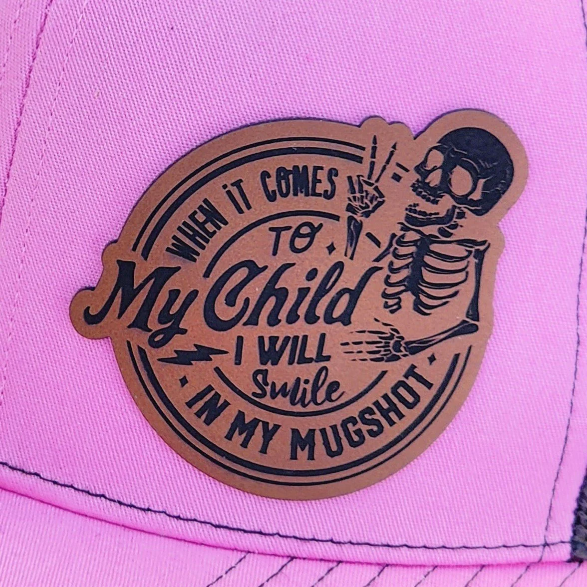 Skull Mugshot Parent Humor Engraved Leatherette Hat Patch - MR01