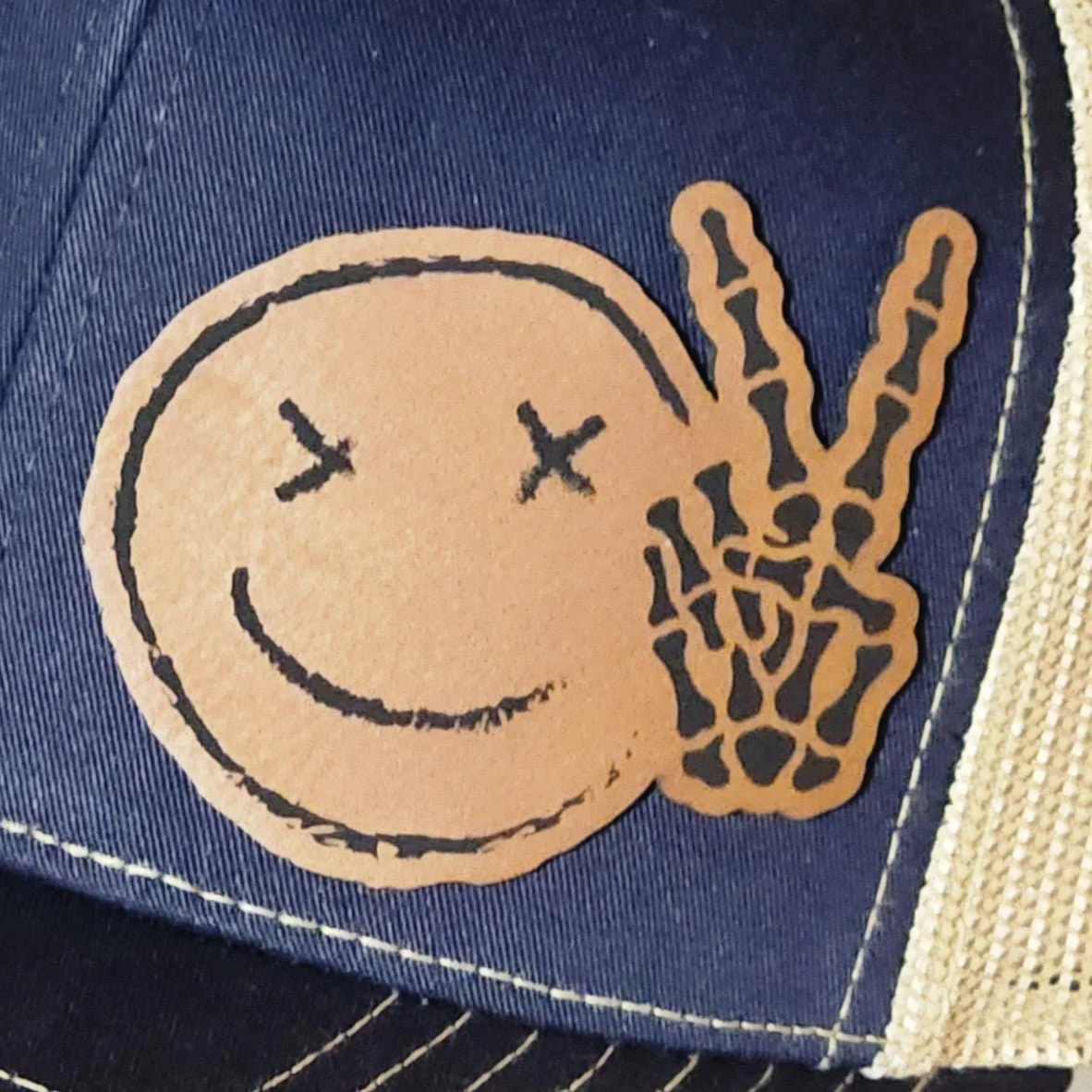Skull Peace Smiley Face Engraved Leatherette Hat Patch - MR01