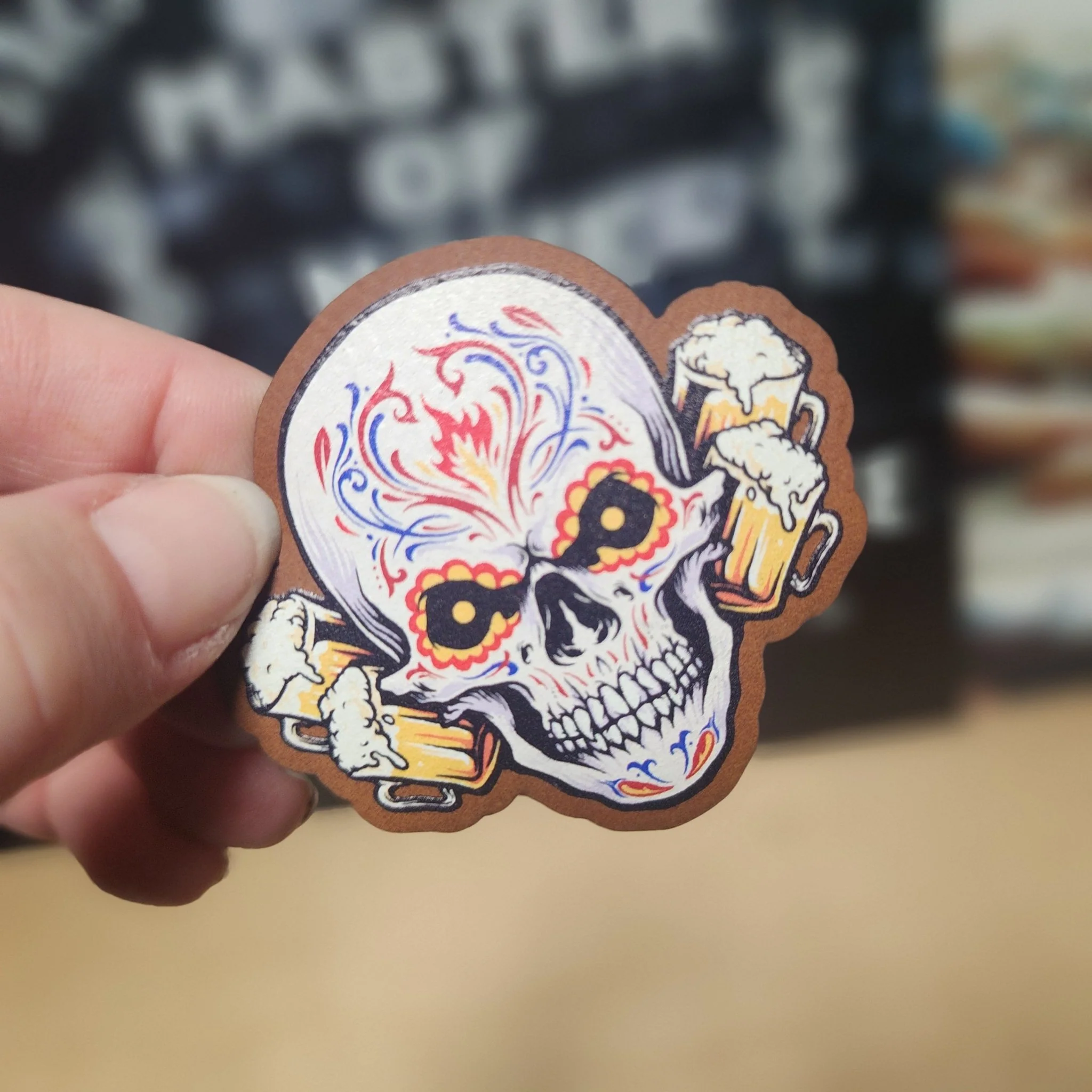 Skull with Beer (Rawhide) UV Printed Leatherette Hat Patch - MR01