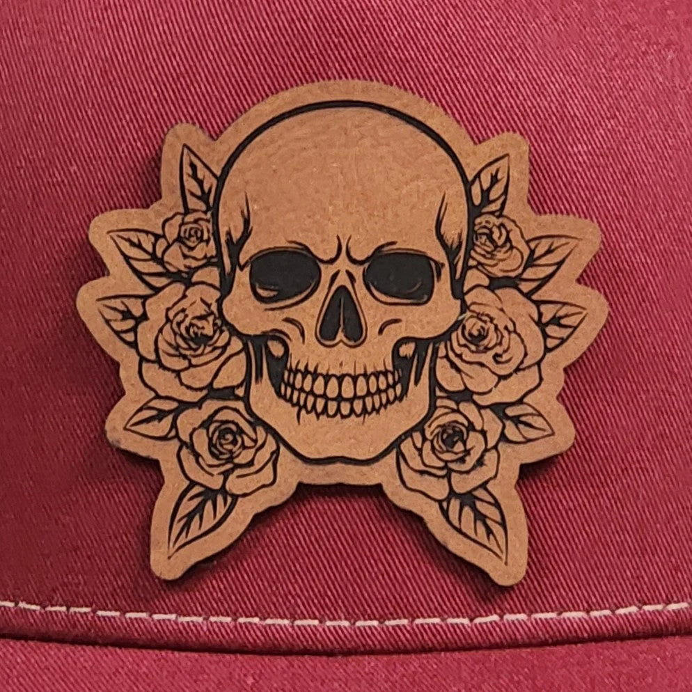 Skull with Roses Engraved Leatherette Hat Patch - MR01 - Image 2