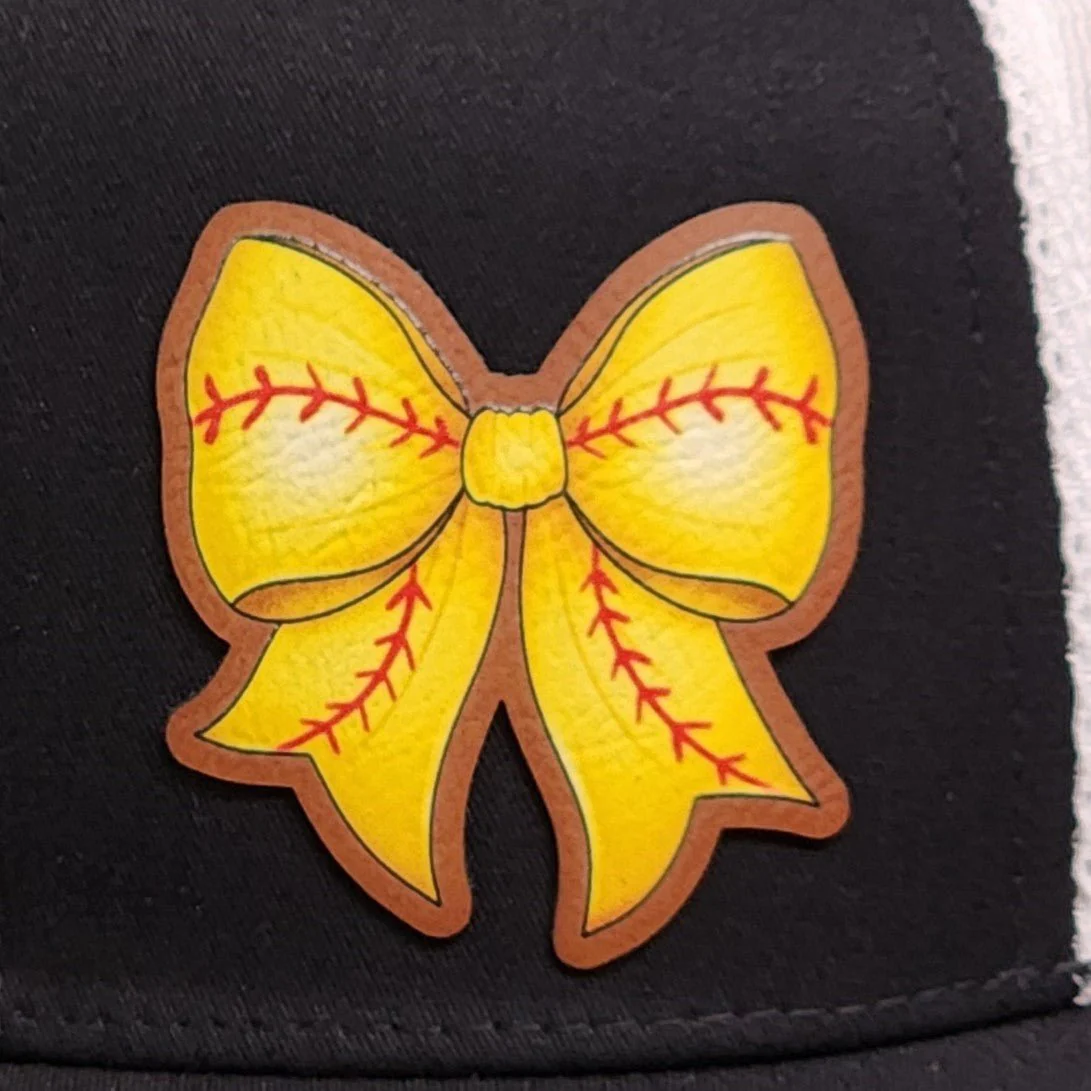 Softball Bow UV Printed Leatherette Hat Patch - MR01