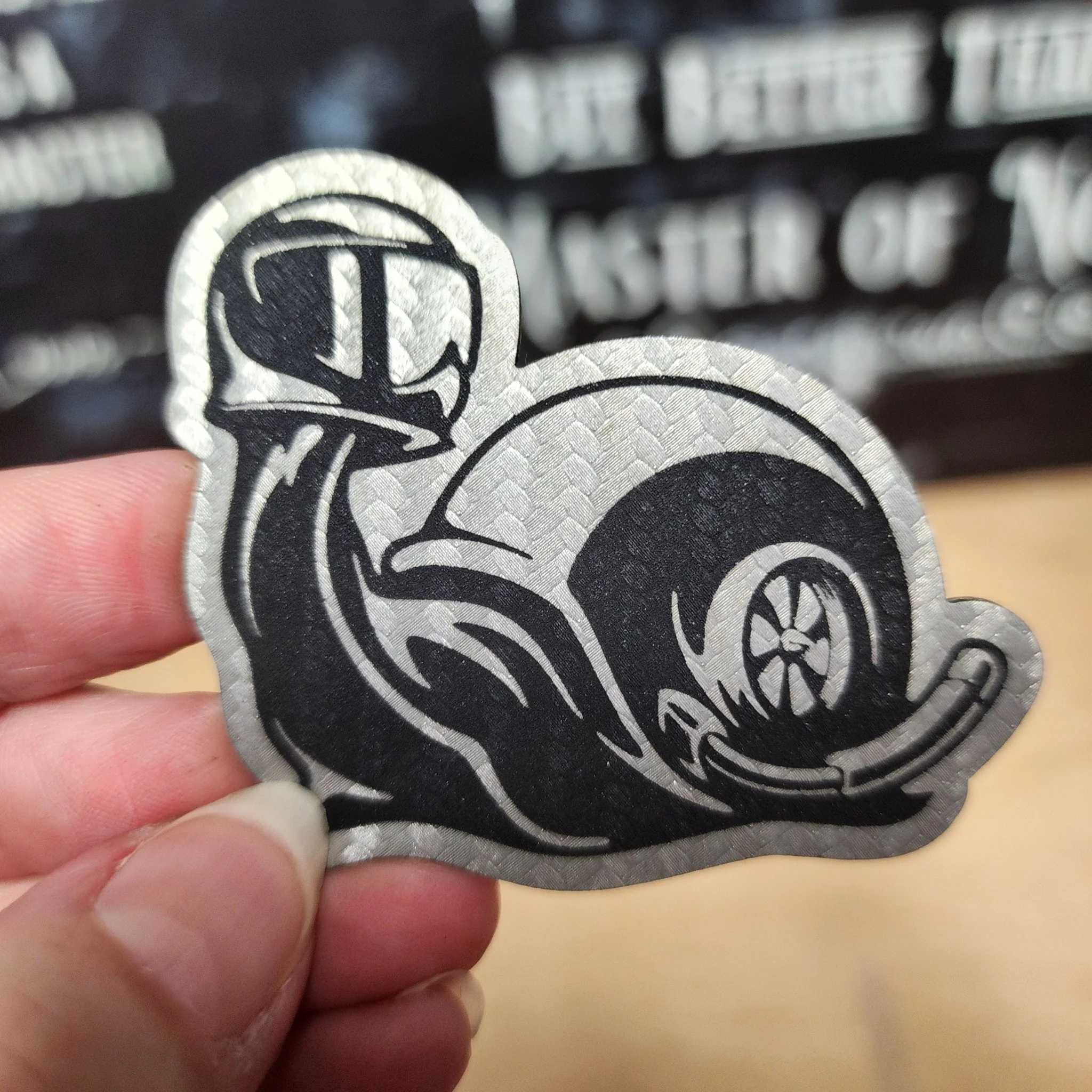 Speedy Snail Turbo Carbon Fiber Engraved Leatherette Hat Patch - MR01