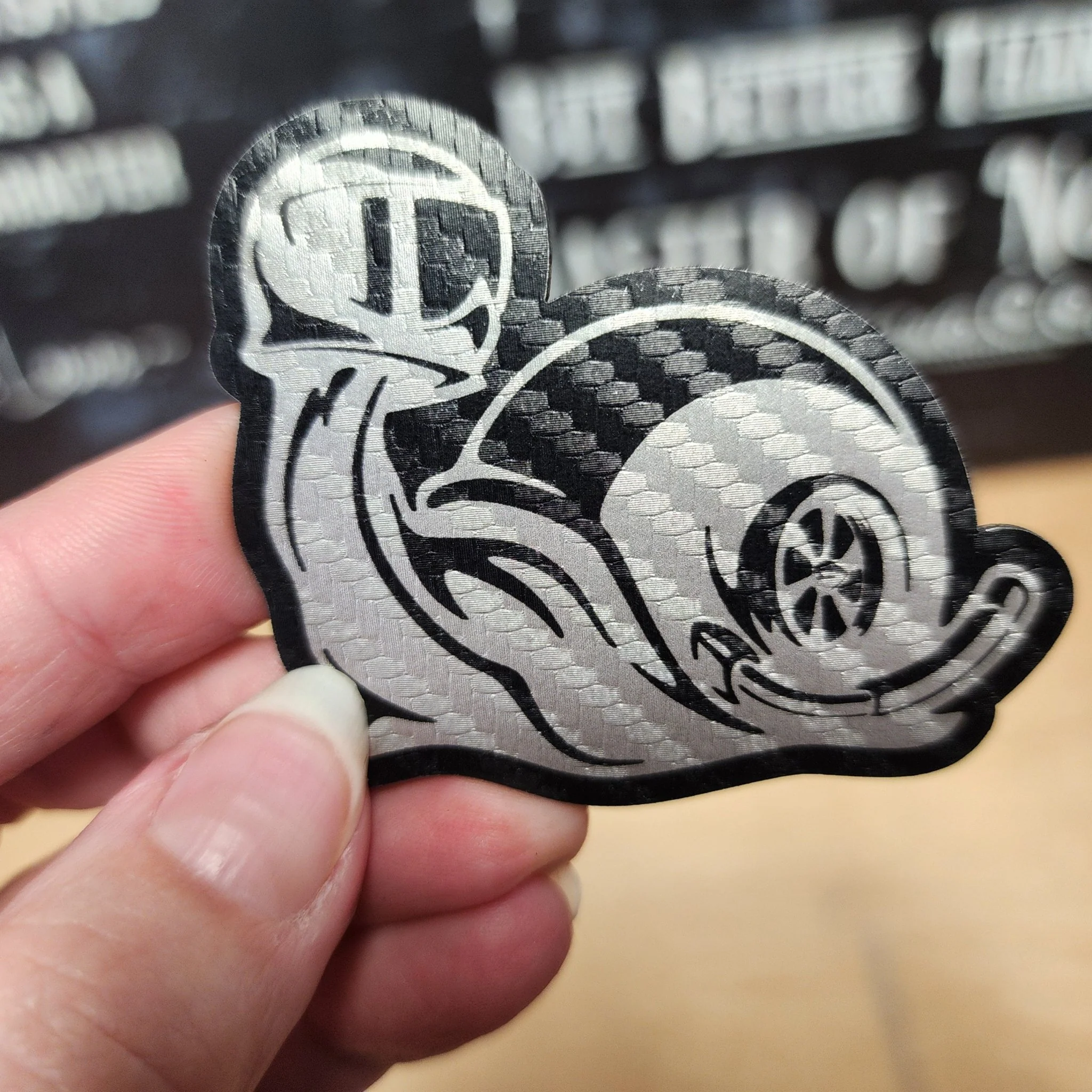 Speedy Snail Turbo Racing Design Engraved Leatherette Hat Patch - MR01