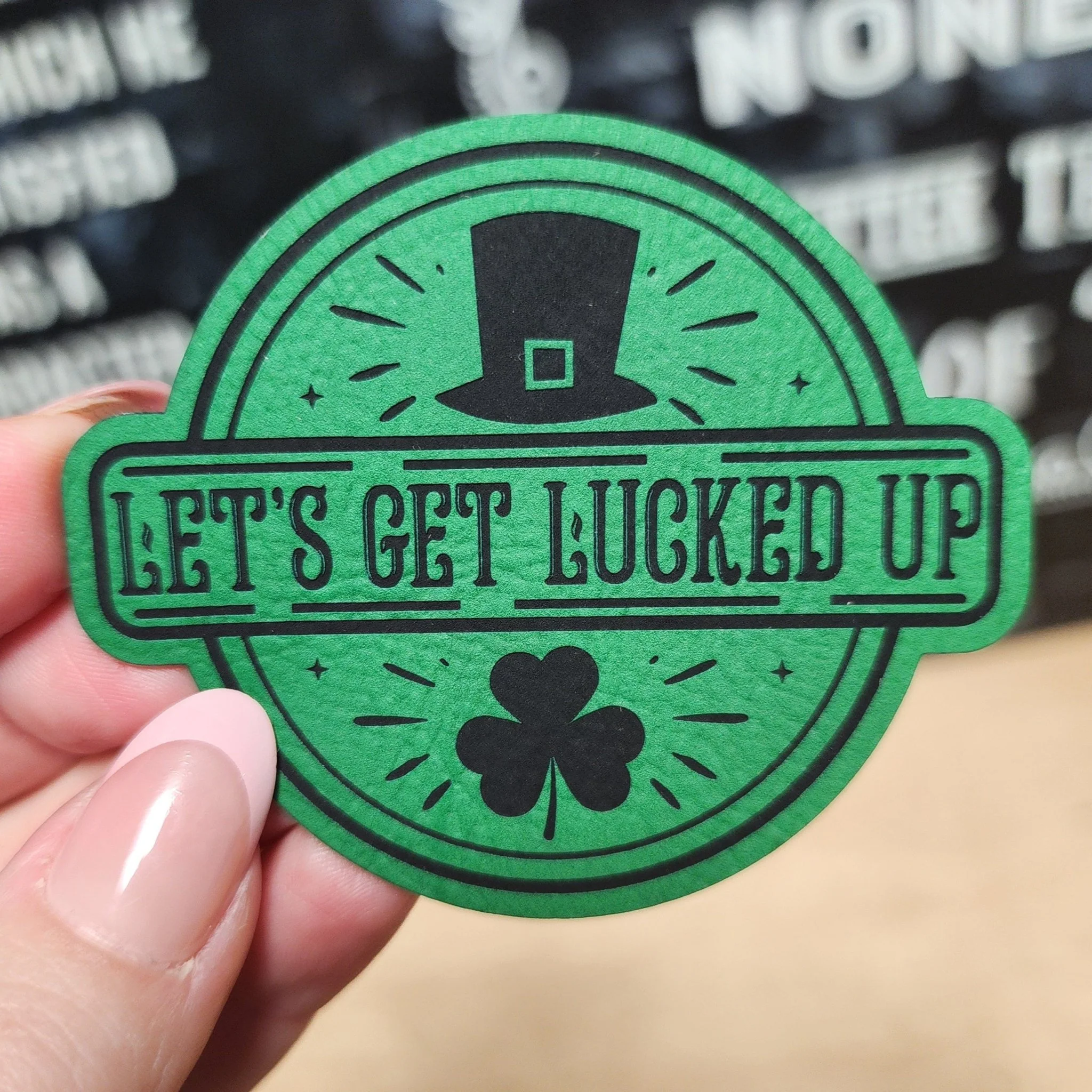St Patricks Lucked Up Engraved Leatherette Hat Patch - MR01