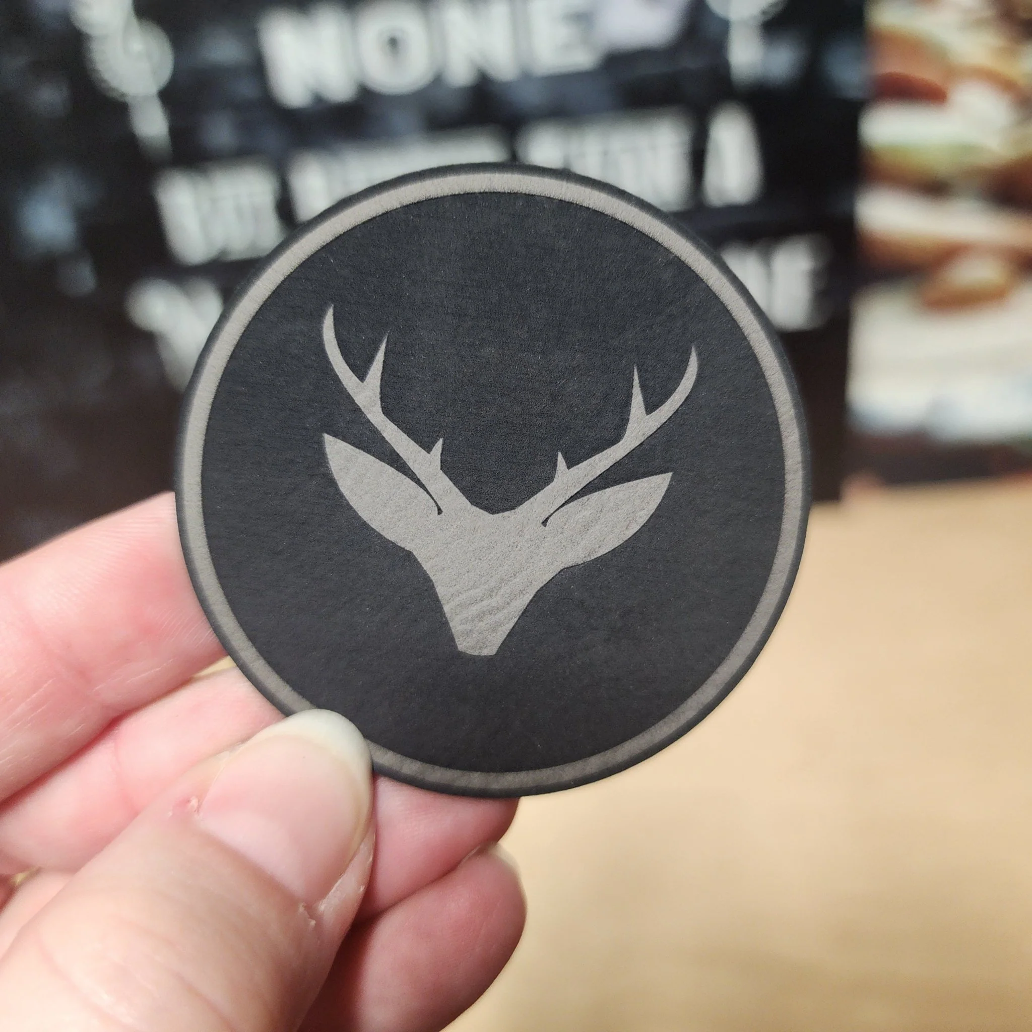 Stylish Stag Silhouette Design (Grey) Engraved Leatherette Hat Patch - MR01