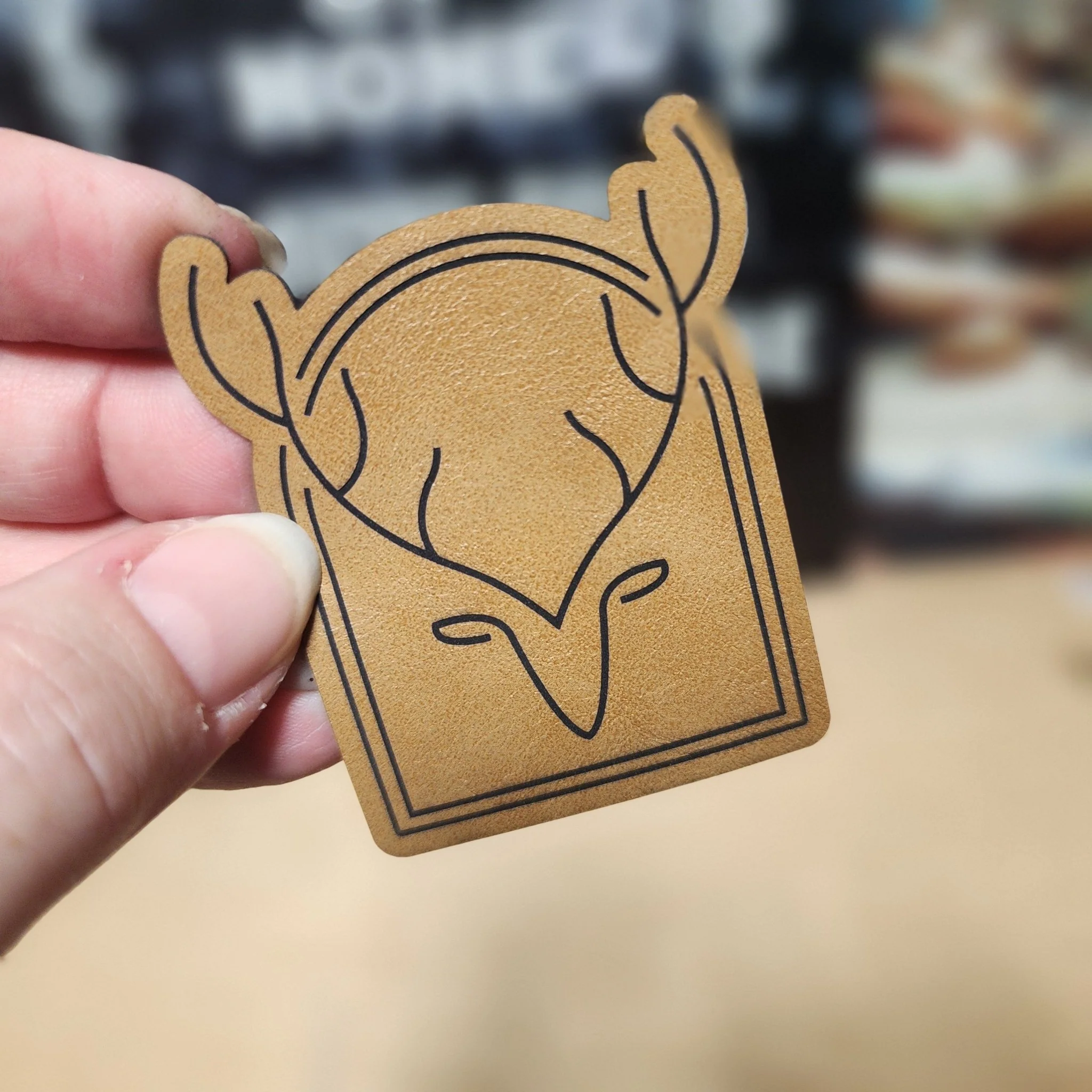 Stylized Deer Antler (Saddle Tan) Engraved Leatherette Hat Patch - MR01