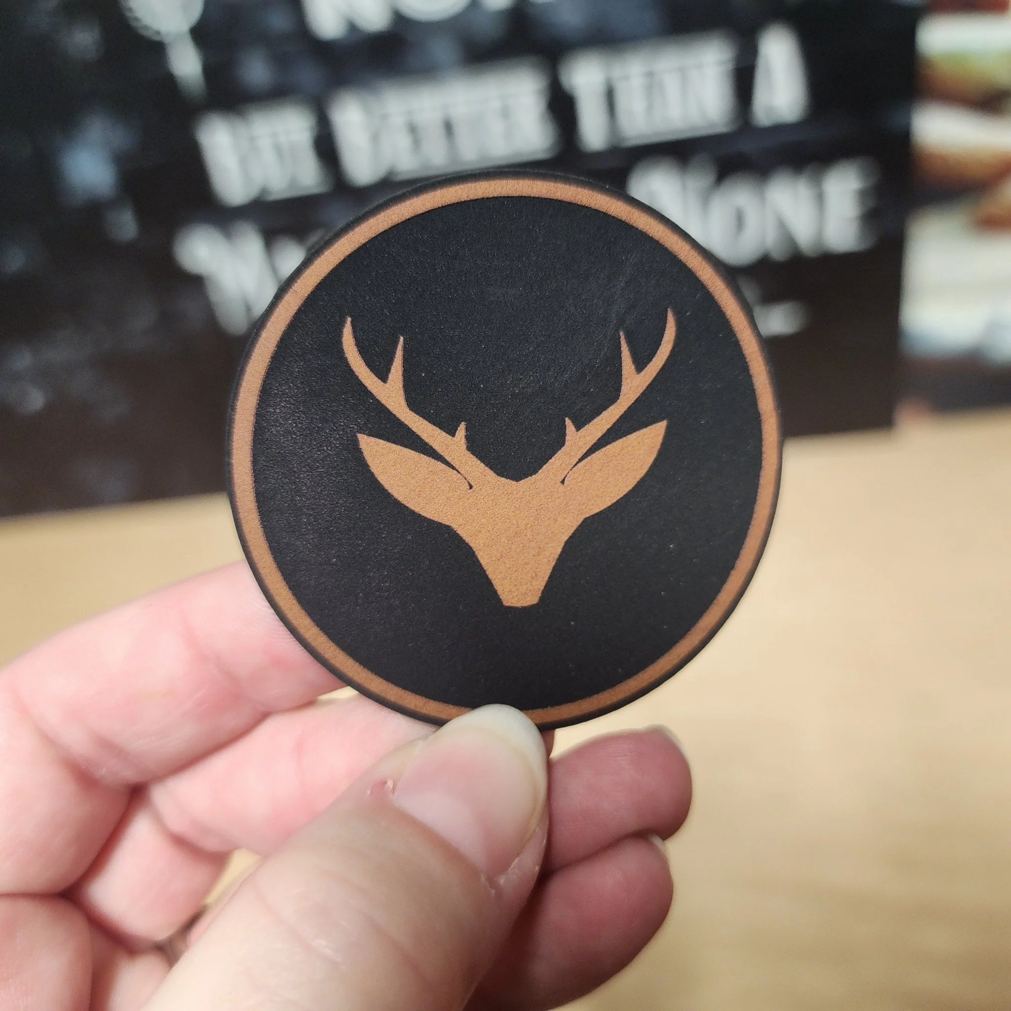 Stylized Deer Head Emblem (Rawhide) Engraved Leatherette Hat Patch - MR01