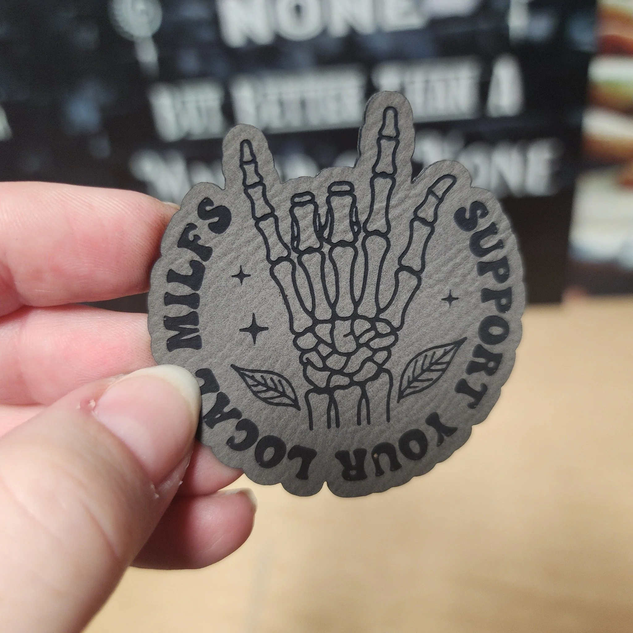 Support Local MILFS Skeleton Hand (Grey) Engraved Leatherette Hat Patch - MR01