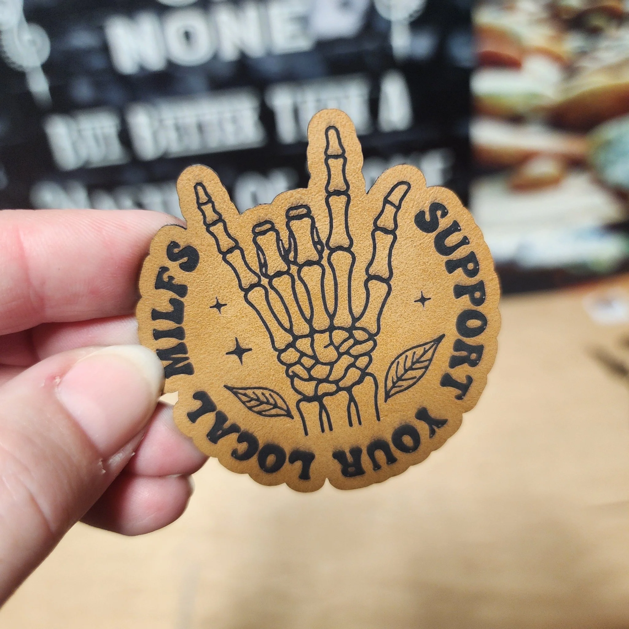 Support Local MILFs Skeleton Hand (Saddle Tan) Engraved Leatherette Hat Patch - MR01
