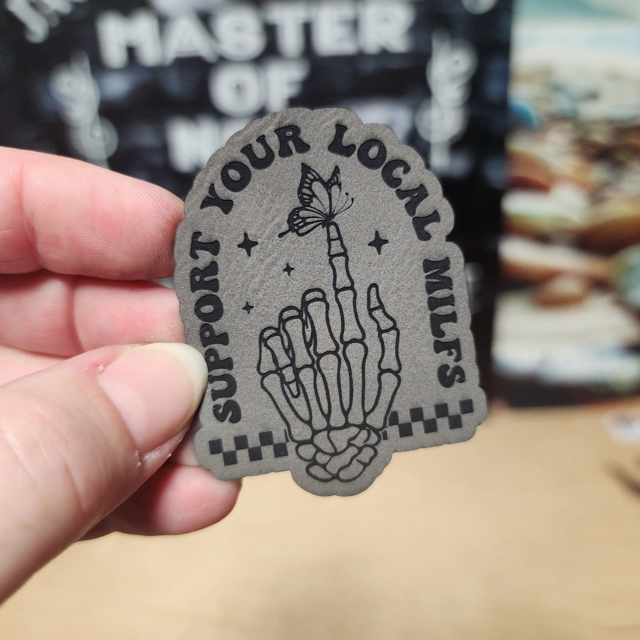 Support Your Local MILFs (Grey) Engraved Leatherette Hat Patch - MR01