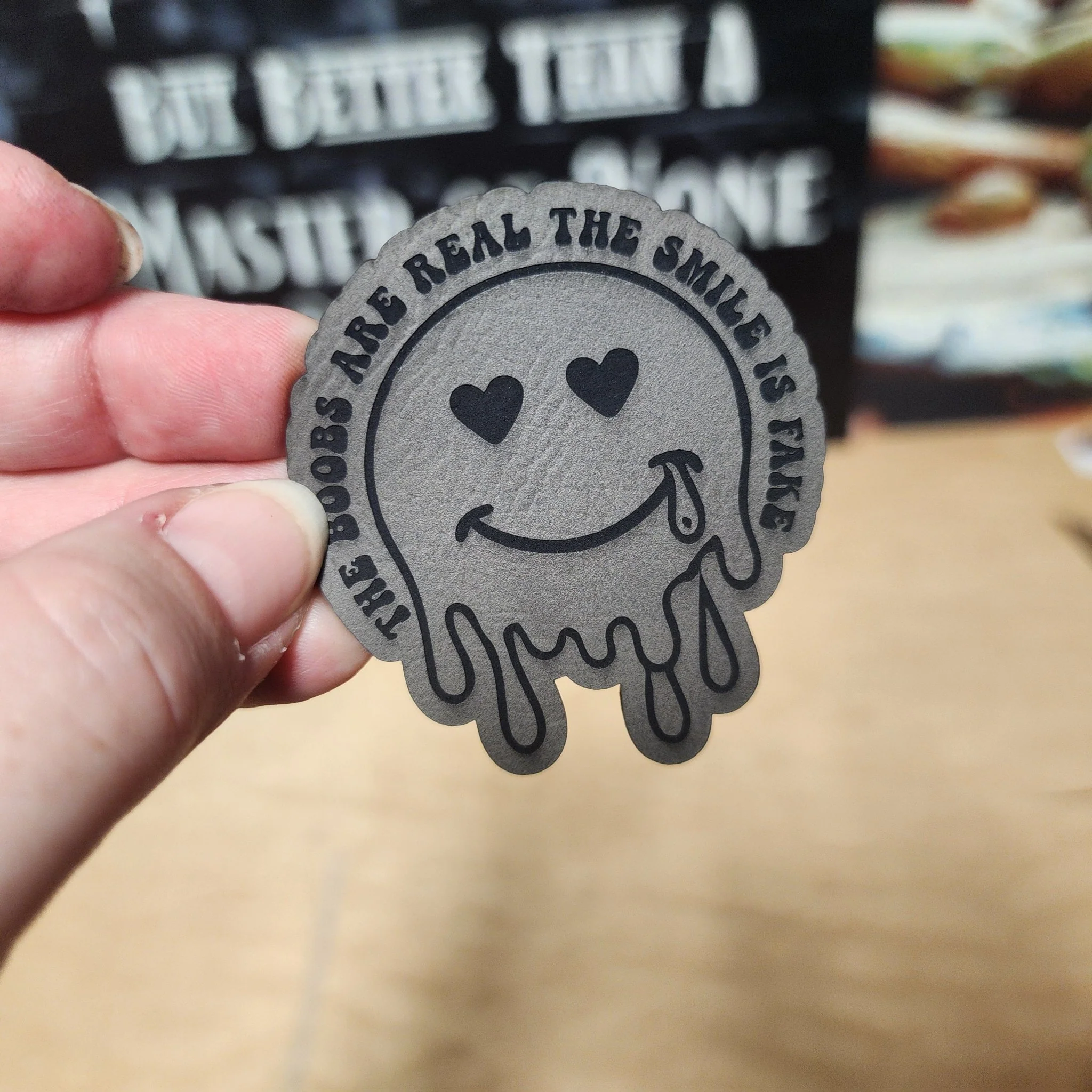 The Boobs and Smile (Grey) Engraved Leatherette Hat Patch - MR01